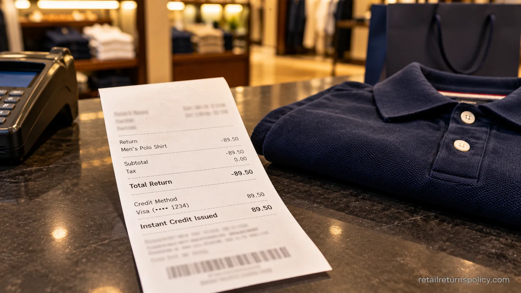 Ralph Lauren in-store return receipt showing an instant credit at the checkout counter.