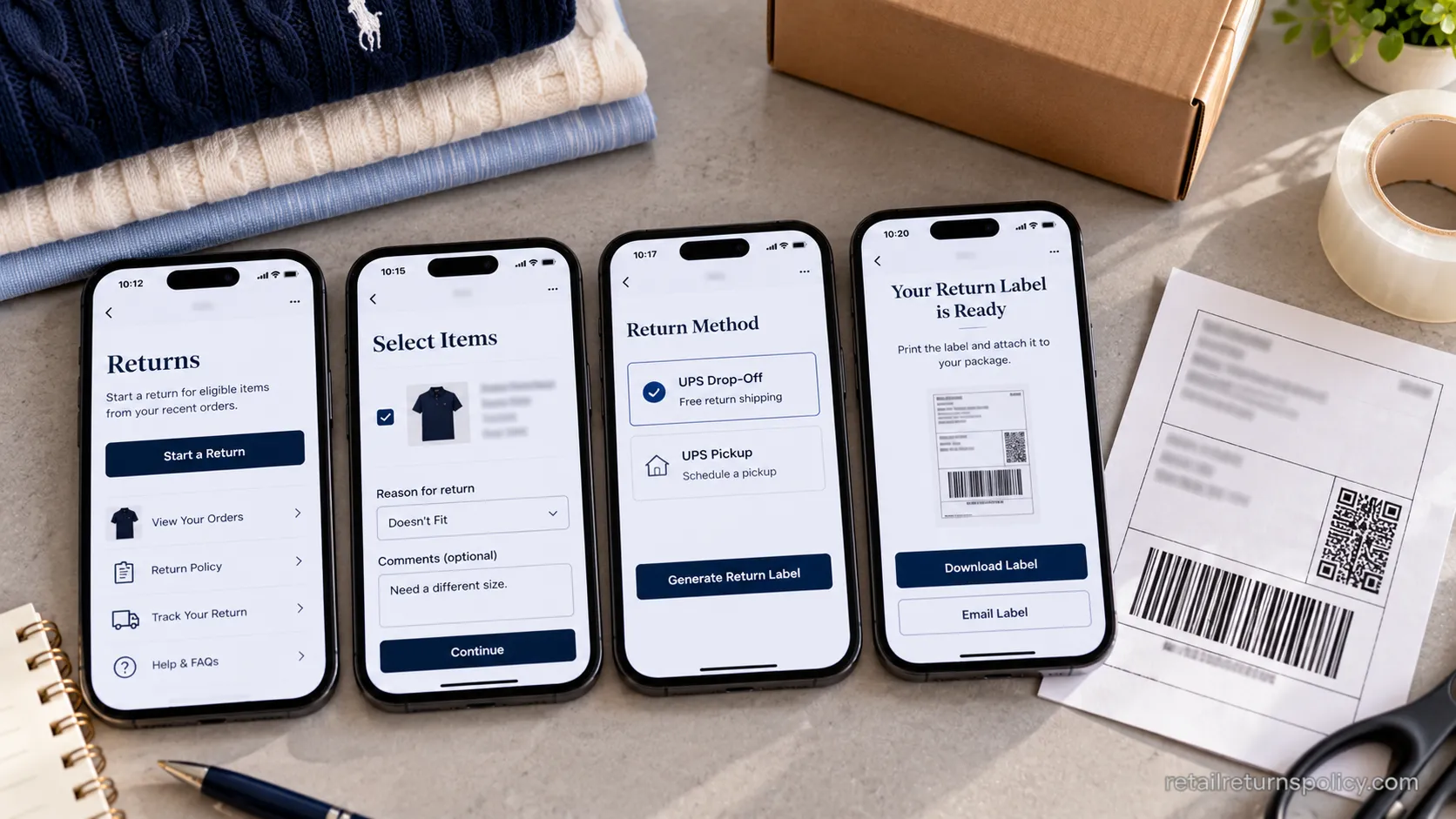 Steps to return a Ralph Lauren online order with a printed prepaid UPS label.