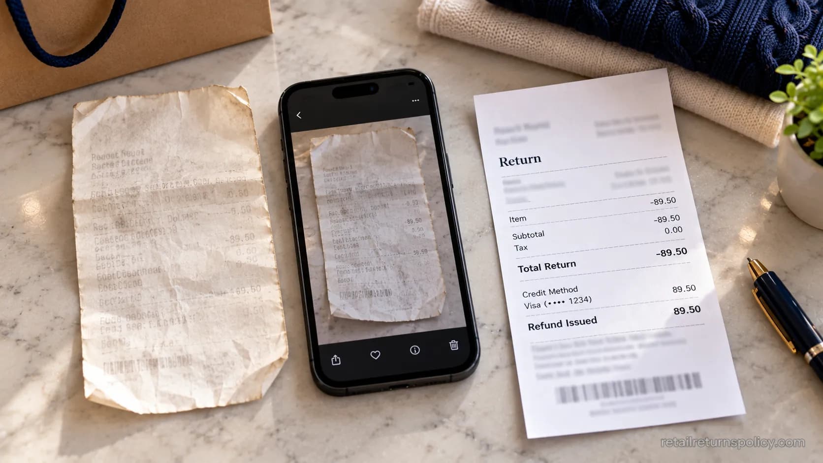 Faded Ralph Lauren outlet thermal receipt beside an accepted return slip on a table.