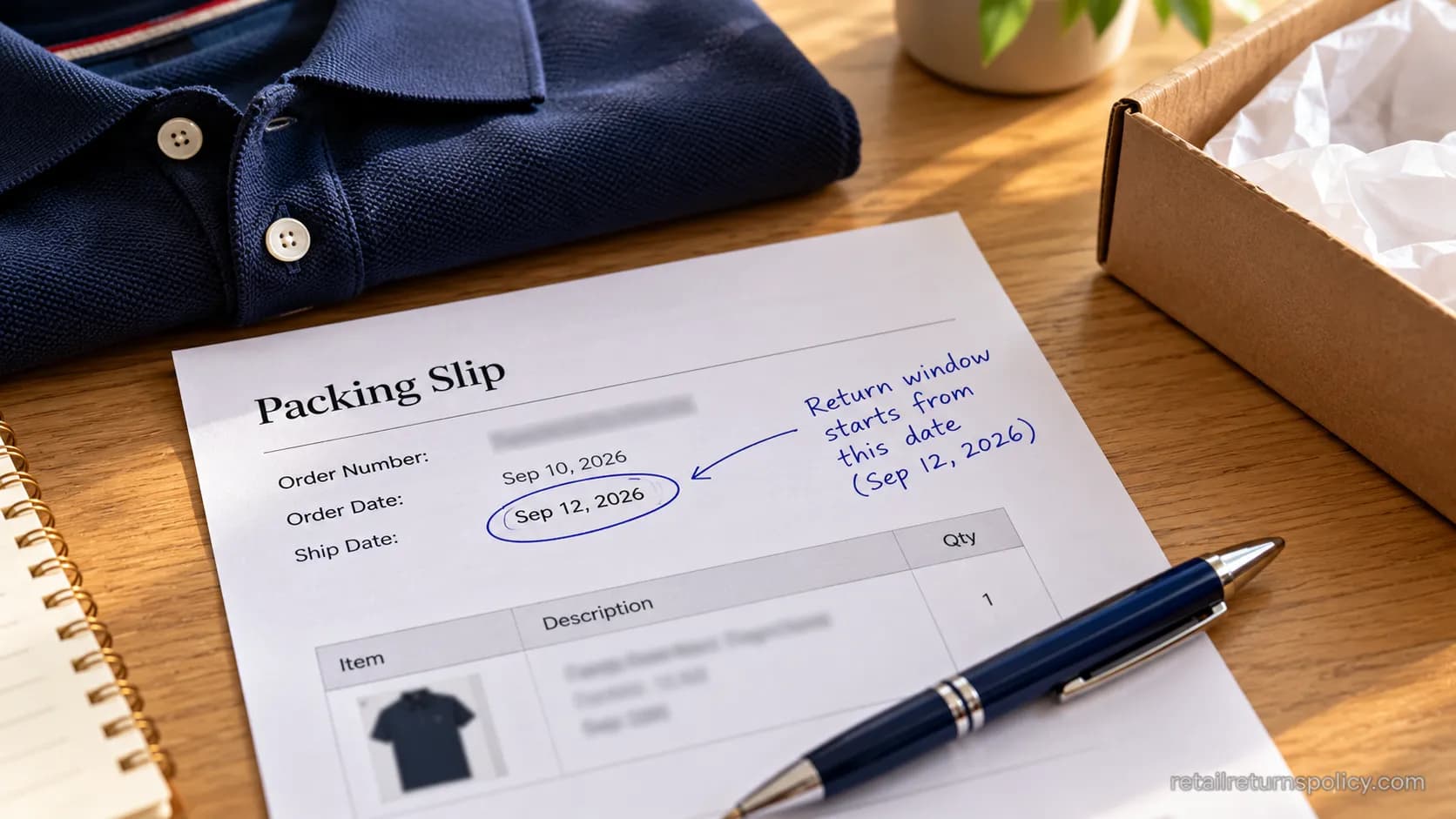 Ralph Lauren packing slip with the ship date circled to show the return window start.