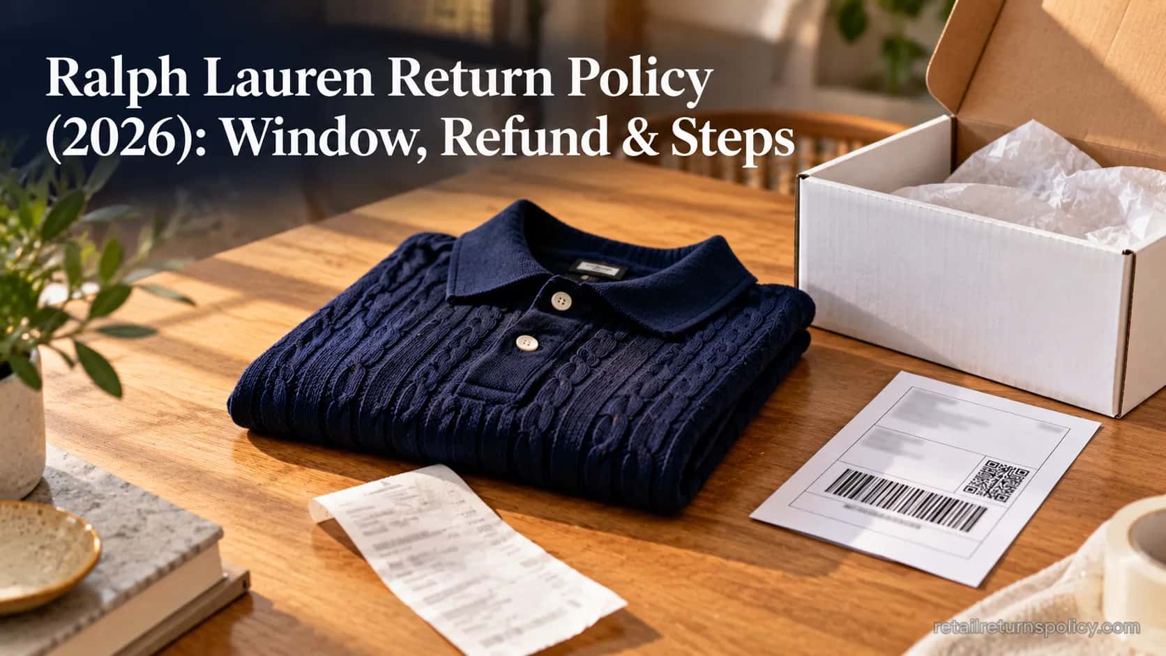 Folded Ralph Lauren polo shirt with a return shipping box, prepaid label, and receipt on a wooden table.