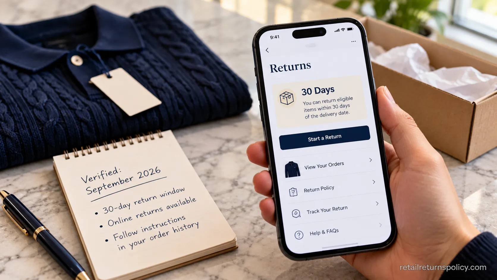 Ralph Lauren online returns portal showing the 30-day return window on a smartphone.
