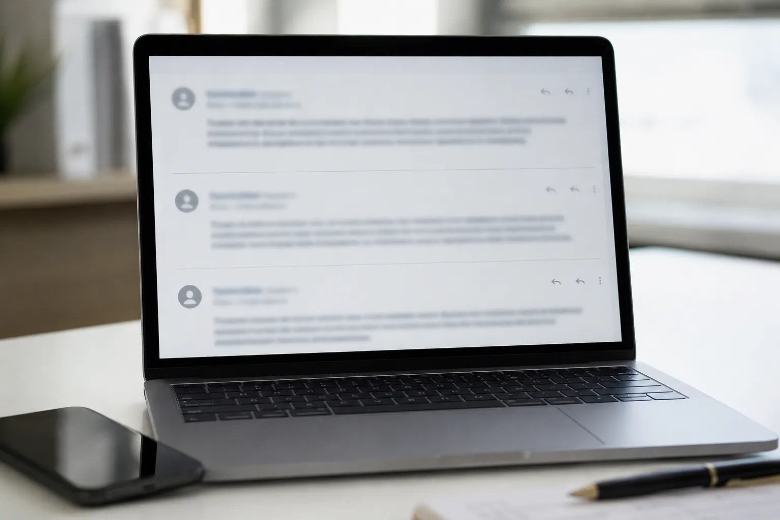 Laptop displaying a redacted three-message email thread showing a store credit offer, a reply citing FTC guidance, and a refund confirmation, with a phone and pen on a desk.