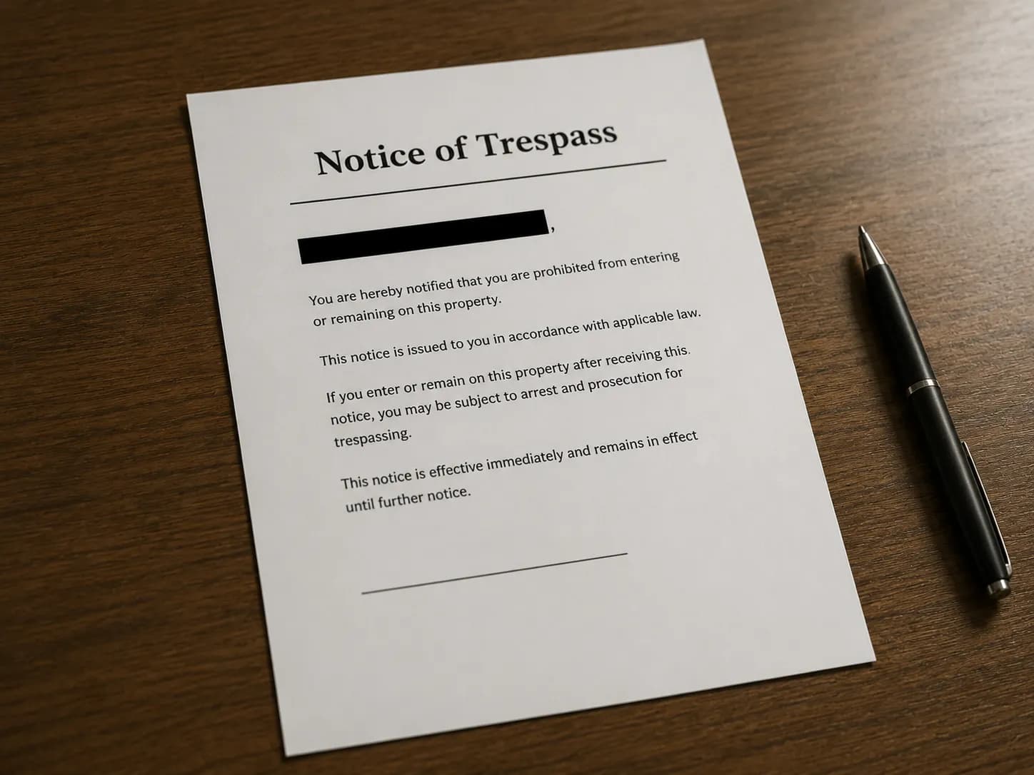 Redacted Notice of Trespass document summarizing a written store trespass notice with all names and identifying information removed.