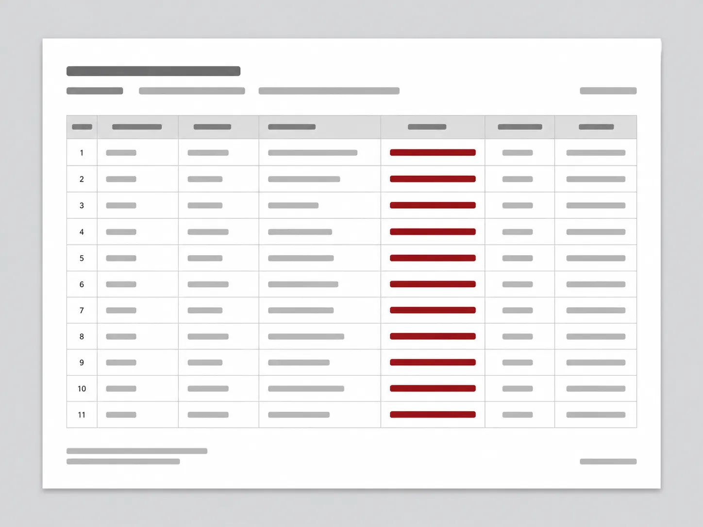 Flat vector illustration of a redacted return activity report showing an eleven-row table with placeholder content and muted red redaction bars on a light gray desk background.