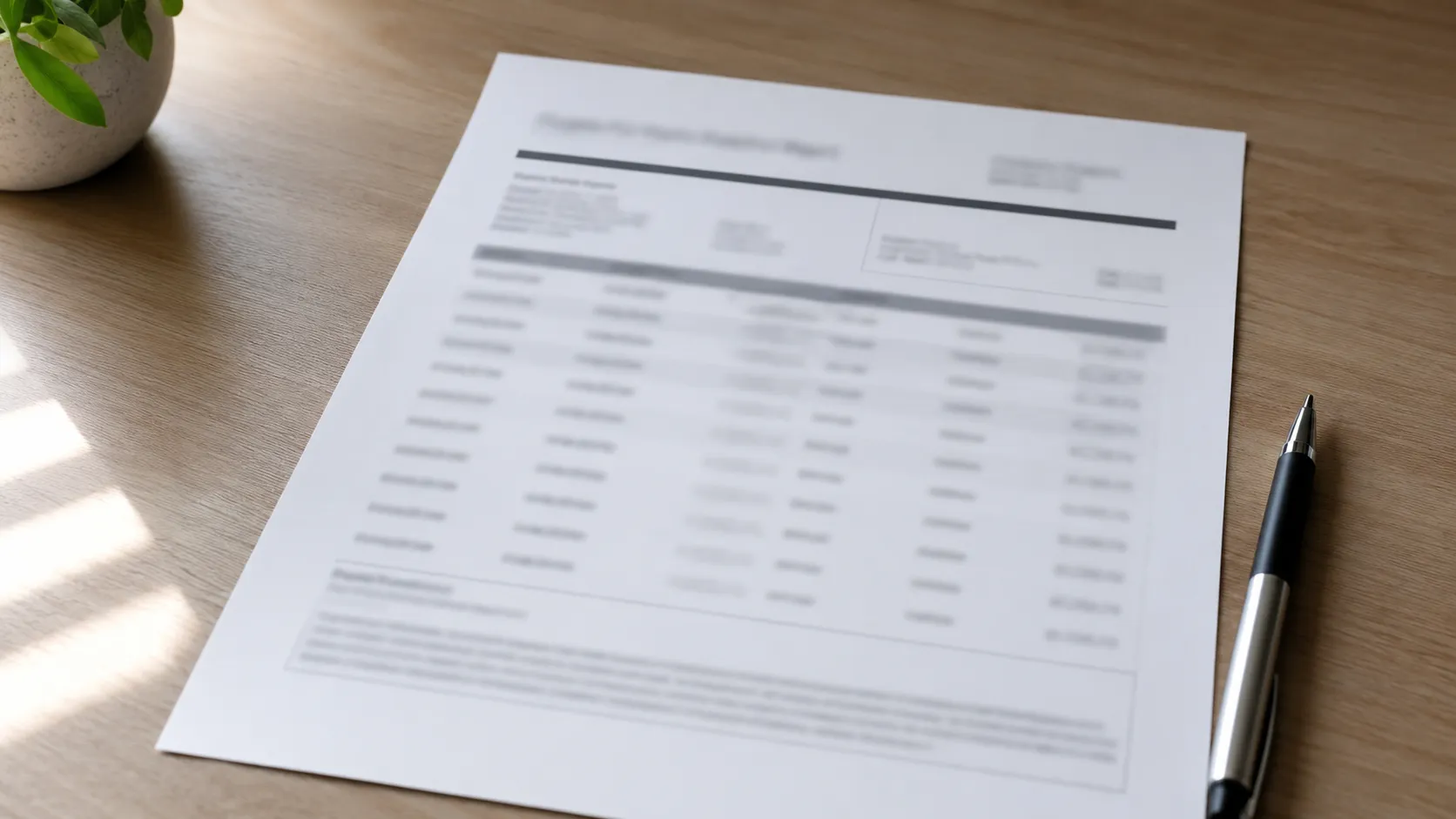 Illustration of a redacted Return Activity Report with blurred data rows on a printed document lying on a desk beside a pen, representing a consumer return-history report with all personal information