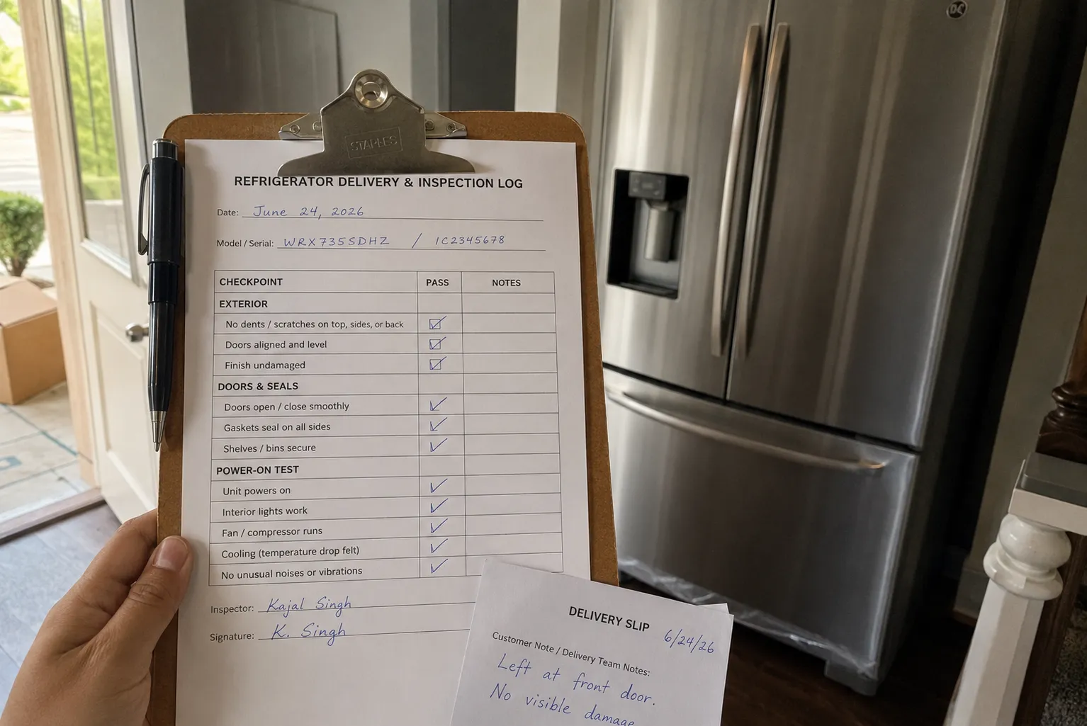 Representative illustration of a refrigerator delivery inspection log dated June 24, 2026, on a clipboard in front of a stainless French-door refrigerator, with exterior, door, and power-on checks.