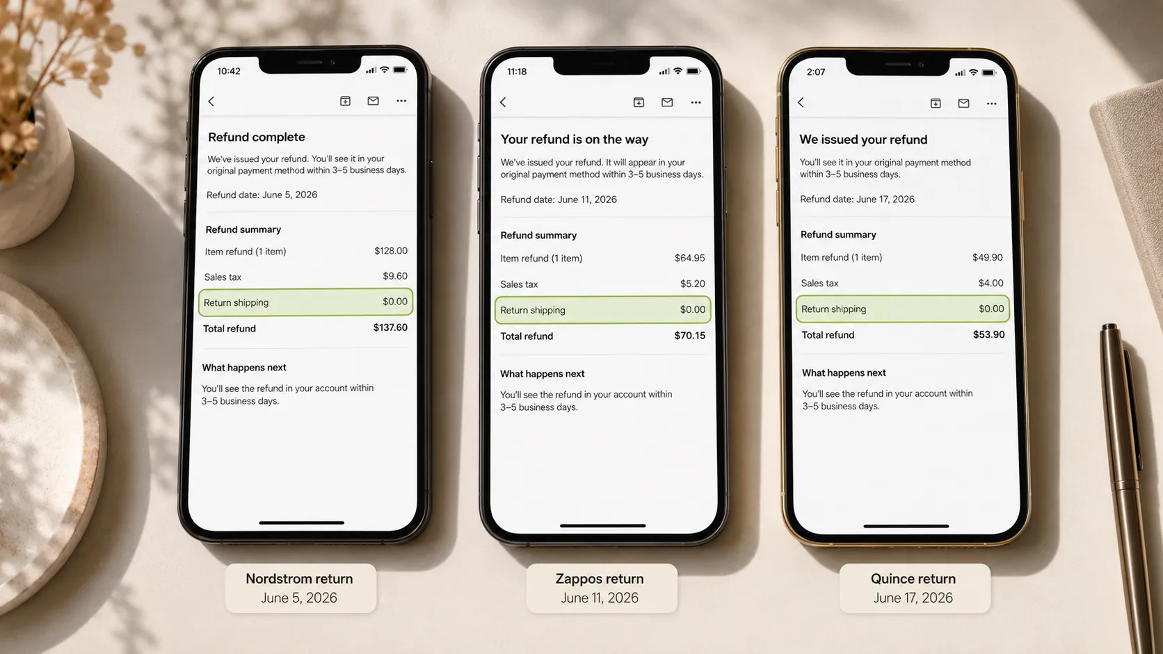 Representative illustration of three smartphone refund confirmations displayed side by side, each showing a refund summary with a highlighted $0.00 return shipping deduction, symbolizing free mail.