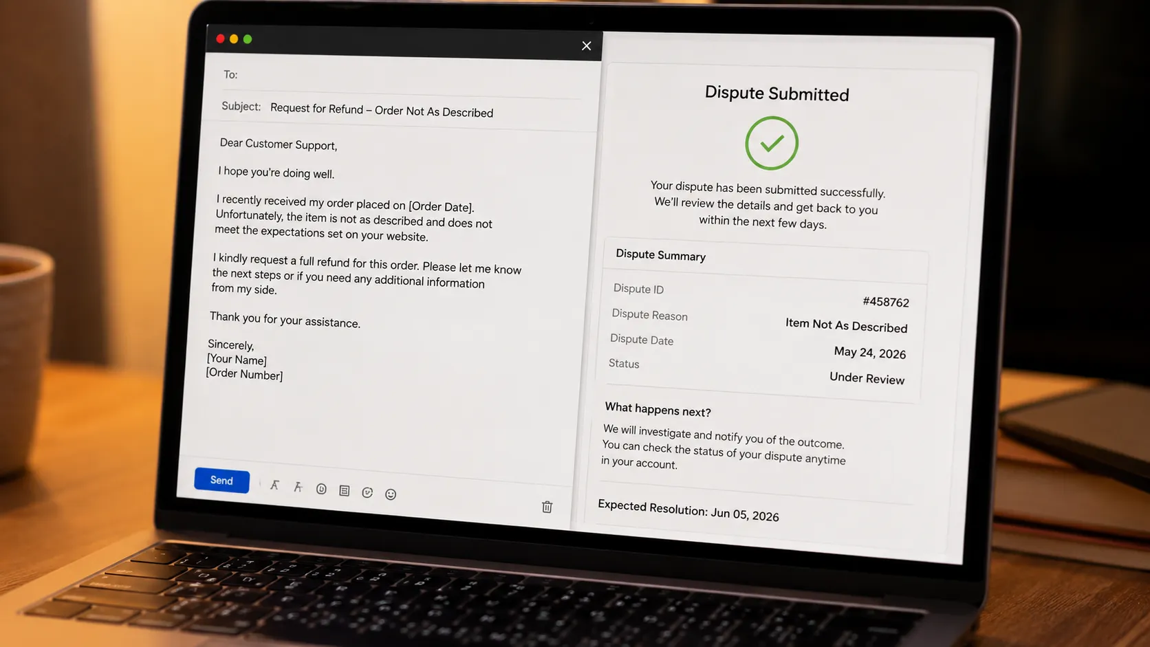 A laptop screen displaying a polite refund request email beside a credit card dispute confirmation with a dated outcome, illustrating the refund request and chargeback process using generic.