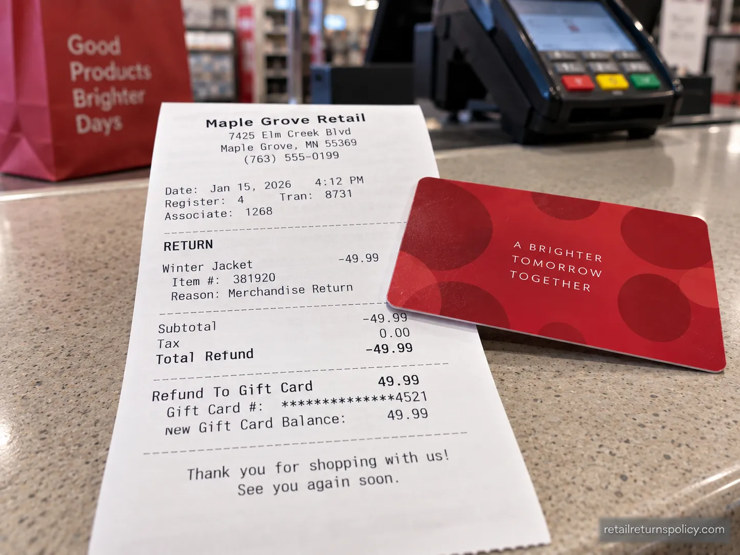 Return receipt showing a refund credited back to a store gift card.
