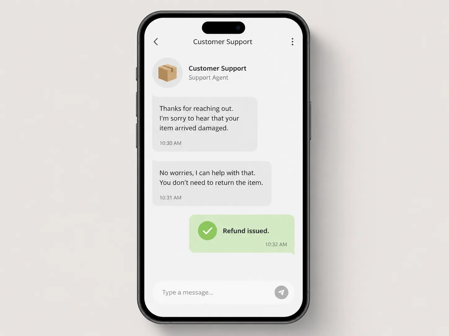 Flat illustration of a smartphone customer service chat showing a refund issued confirmation without requiring a product return, representing a refund-without-return process for a damaged pantry item.