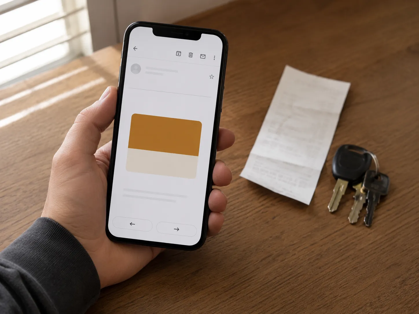 Representative illustration of a smartphone displaying a generic eGift card email on a wooden desk with a folded receipt and keys, depicting a replacement eGift card received after a store return.