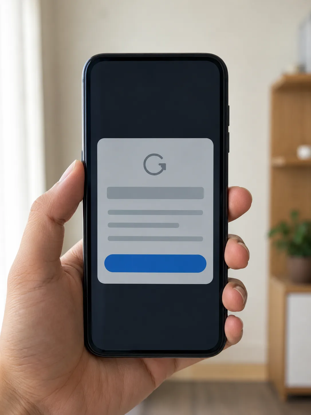 Representative illustration of a smartphone displaying a generic reset confirmation screen with no readable text, photographed indoors before a retail counter visit, against a softly blurred.
