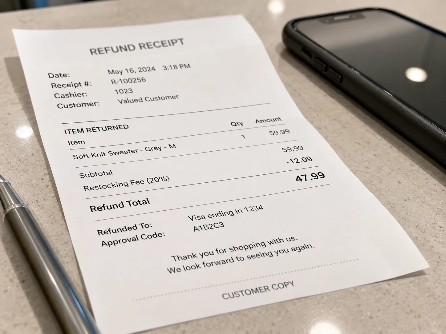Refund receipt showing a restocking fee deducted from a return