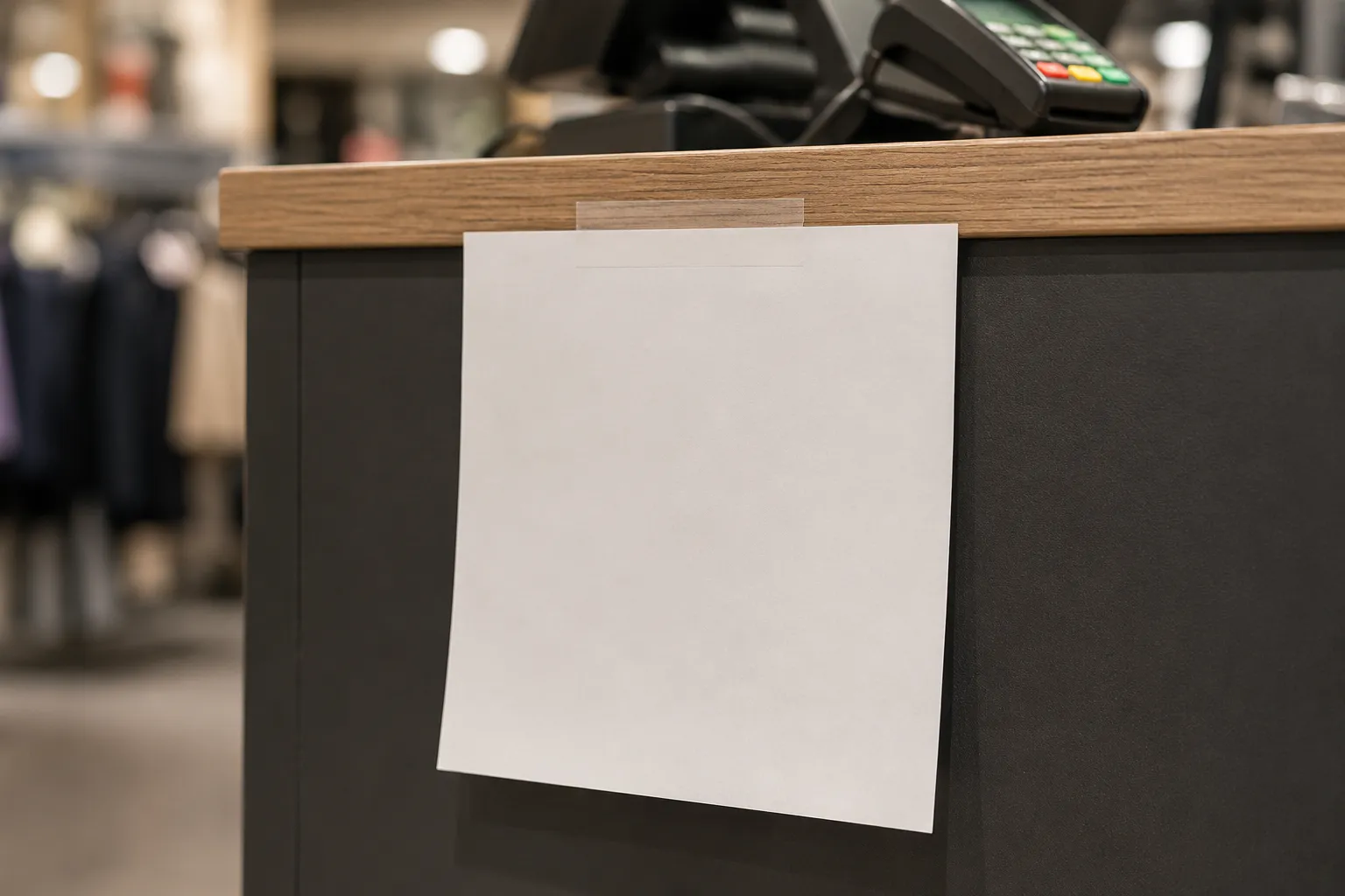 In-store restocking fee sign posted near a checkout counter.