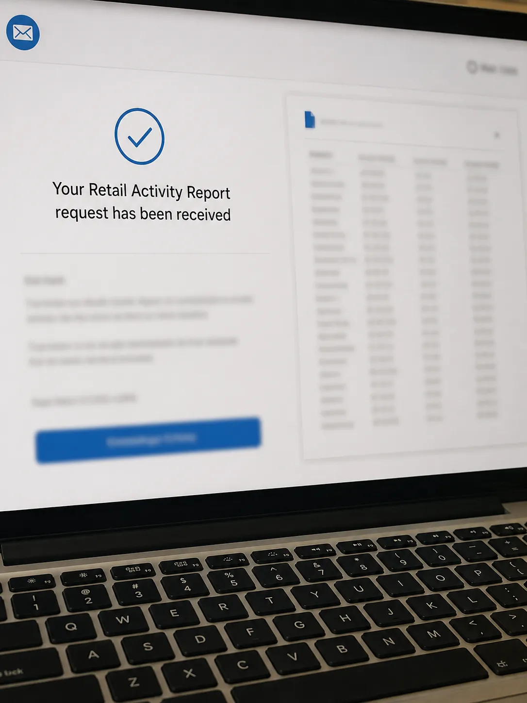 Laptop screen displaying “Your Retail Activity Report request has been received,” with a blurred report preview and all personal details redacted.
