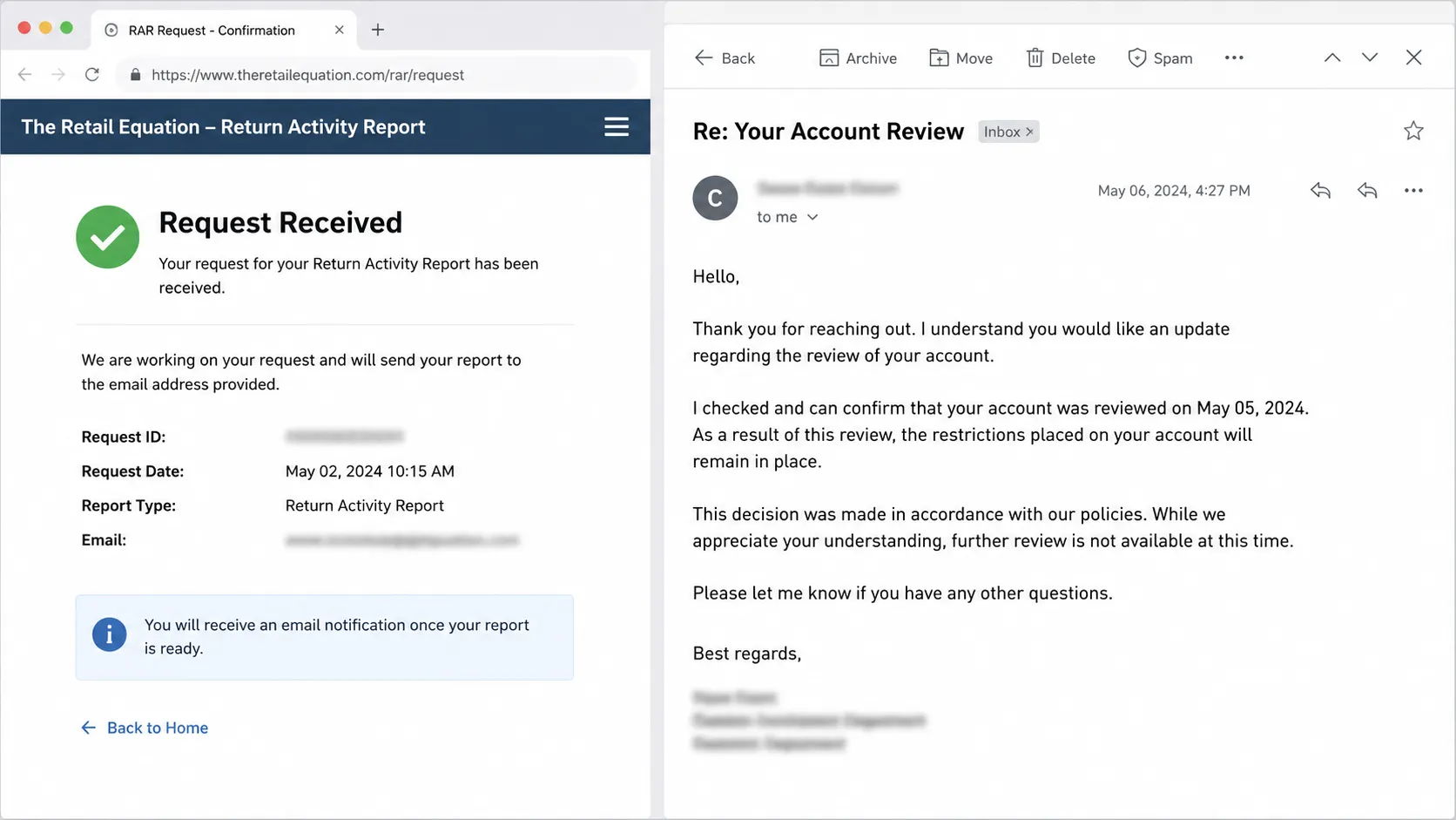 Representative illustration showing a Return Activity Report request confirmation beside a separate account review email response, with blurred text, neutral interfaces, and no brand logos or personal
