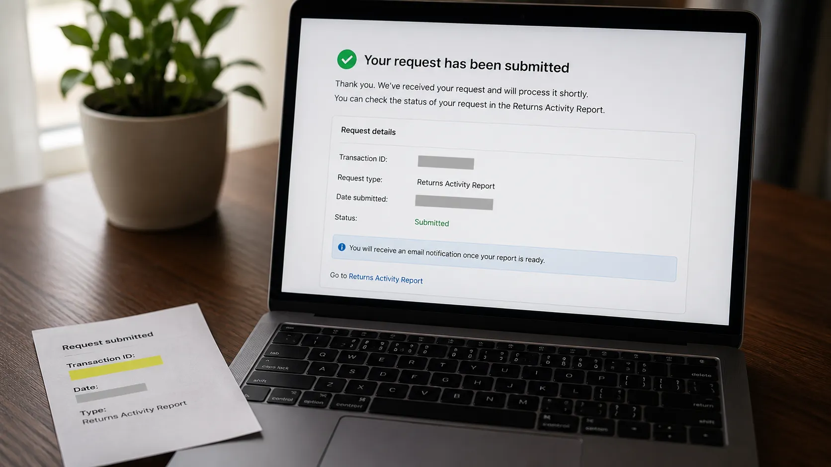 Representative illustration of a laptop displaying a submitted Returns Activity Report request confirmation with redacted transaction details, alongside a paper note on a clean desk.