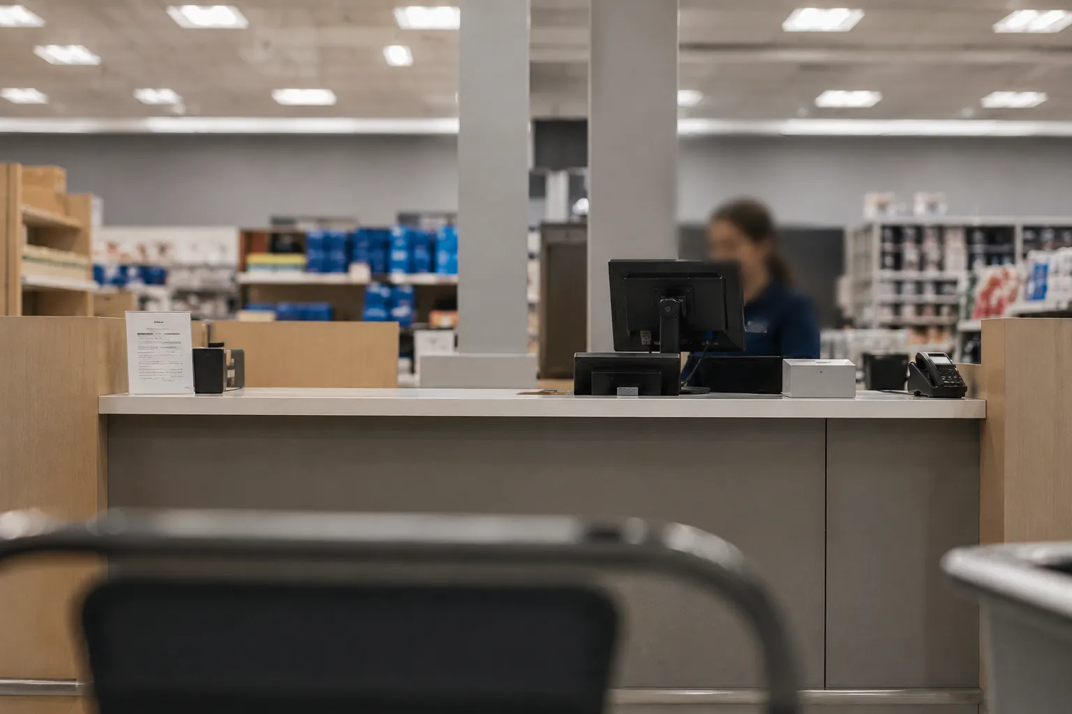Customer view of a retail service desk queue with a blurred staff member, illustrating an ID record mismatch during a return process.