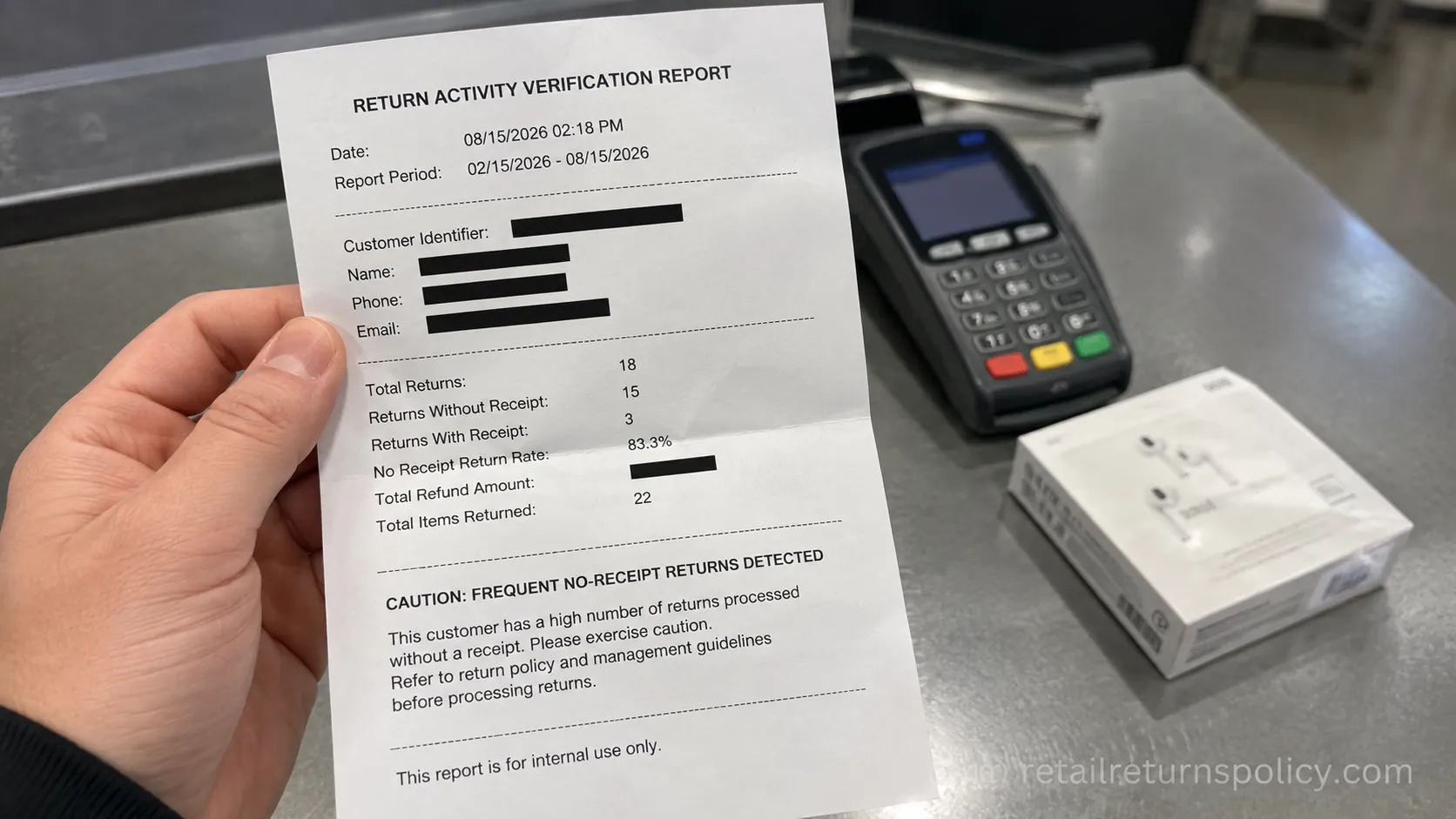 Return-activity verification printout warning about frequent no-receipt returns.