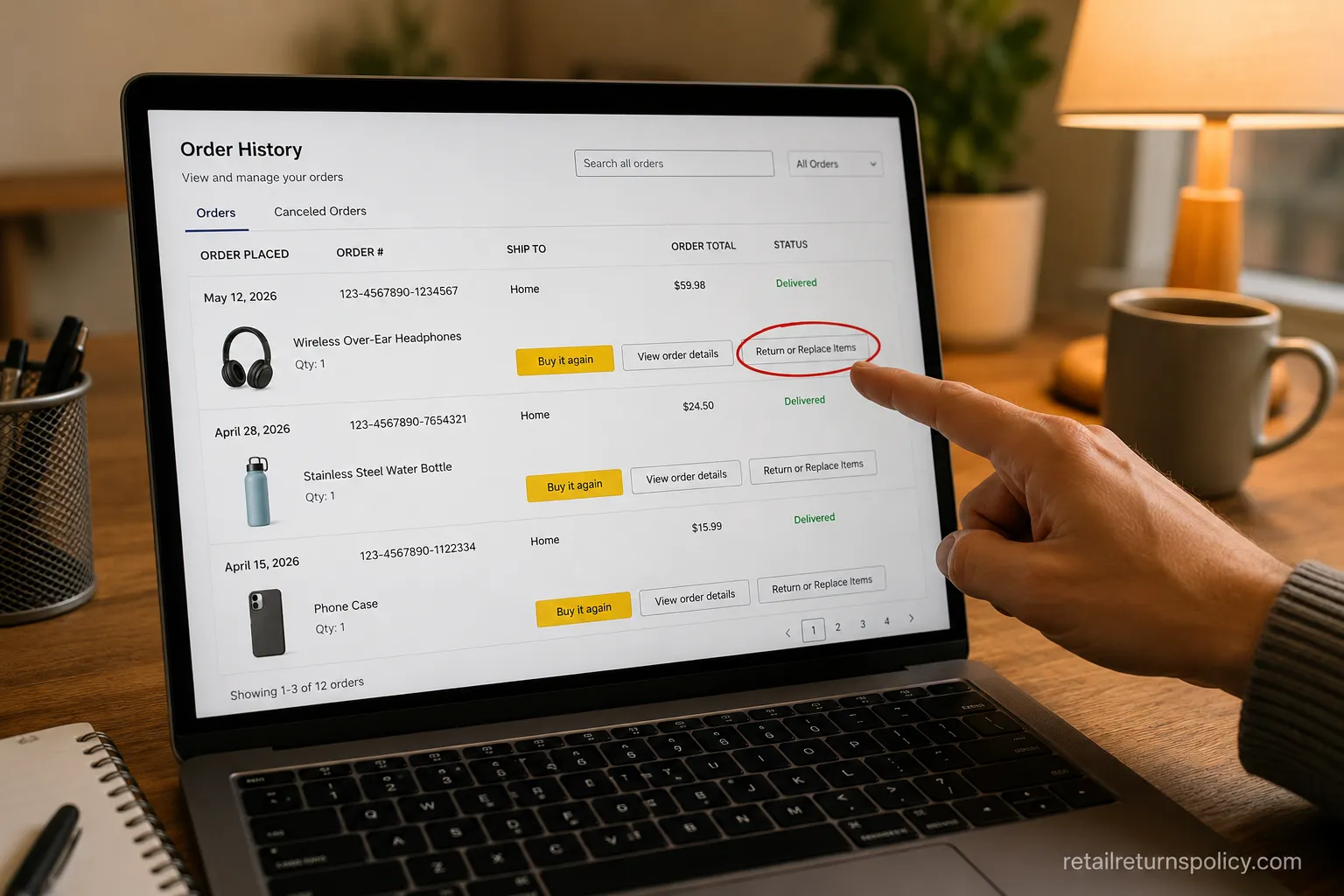 Order history page with the return option highlighted to generate a return label.