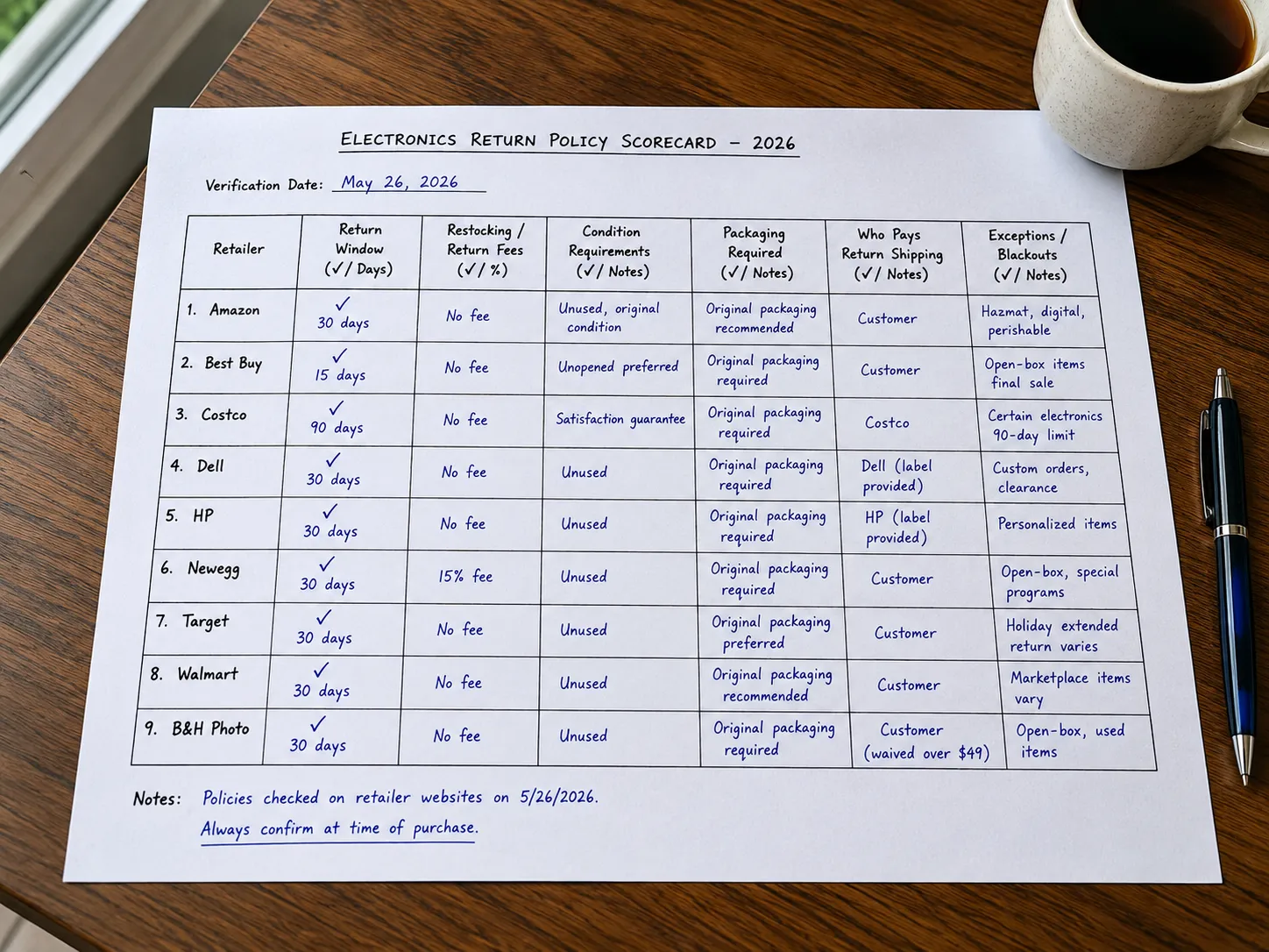 Printed scorecard comparing nine retailers across six evaluation criteria, with handwritten check marks, notes, and a verification date at the top.