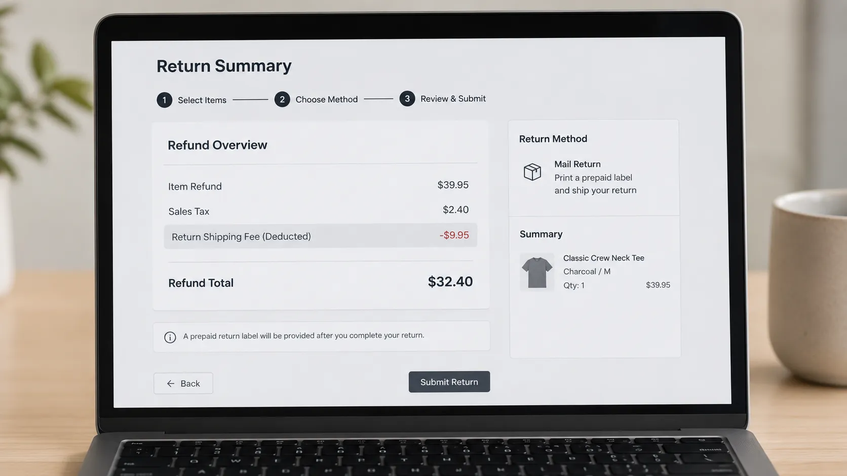 Generic retailer return portal on a laptop screen showing a $9.95 mail return shipping fee deducted from the customer's refund total.