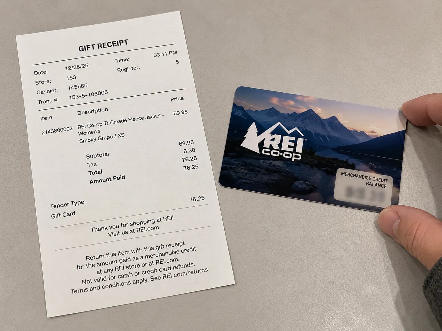 gift receipt beside the store gift card received when returning a gift