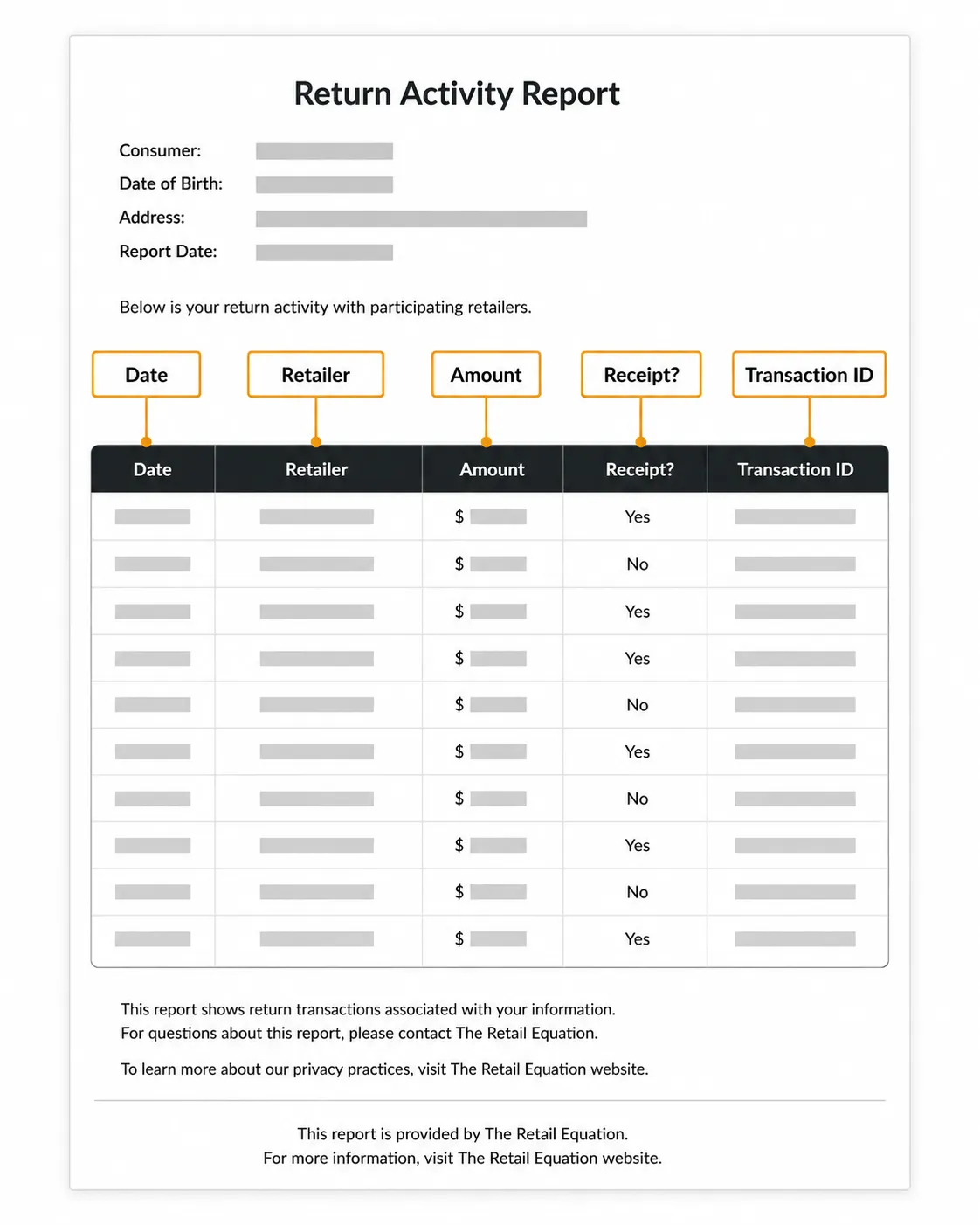 Representative illustration of a redacted Return Activity Report with labeled columns for Date, Retailer, Amount, Receipt, and Transaction ID using callout annotations.