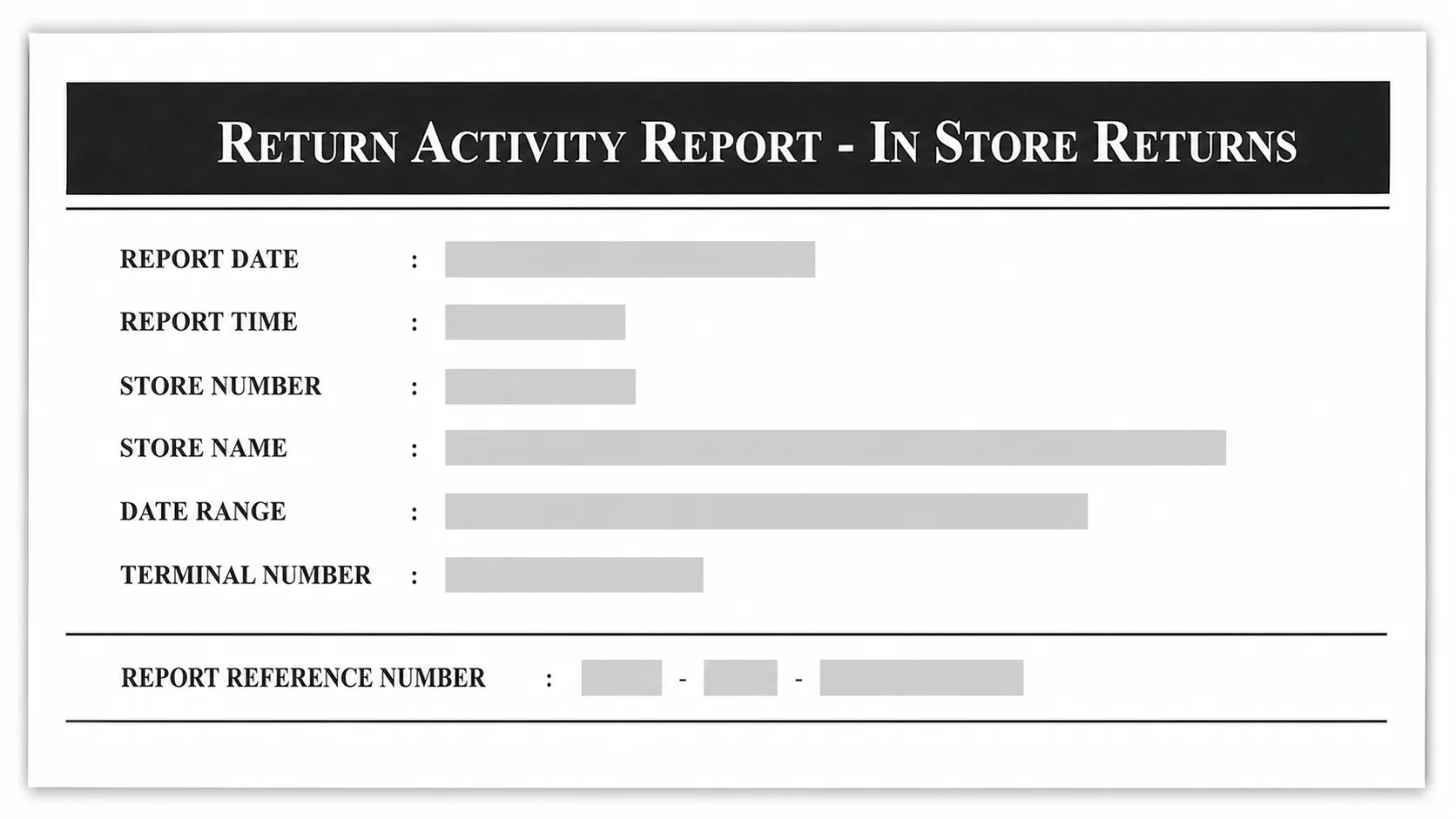 Representative mock of a redacted Return Activity Report header showing an official in-store returns report with generic fields and a reference number, not an Amazon account document.