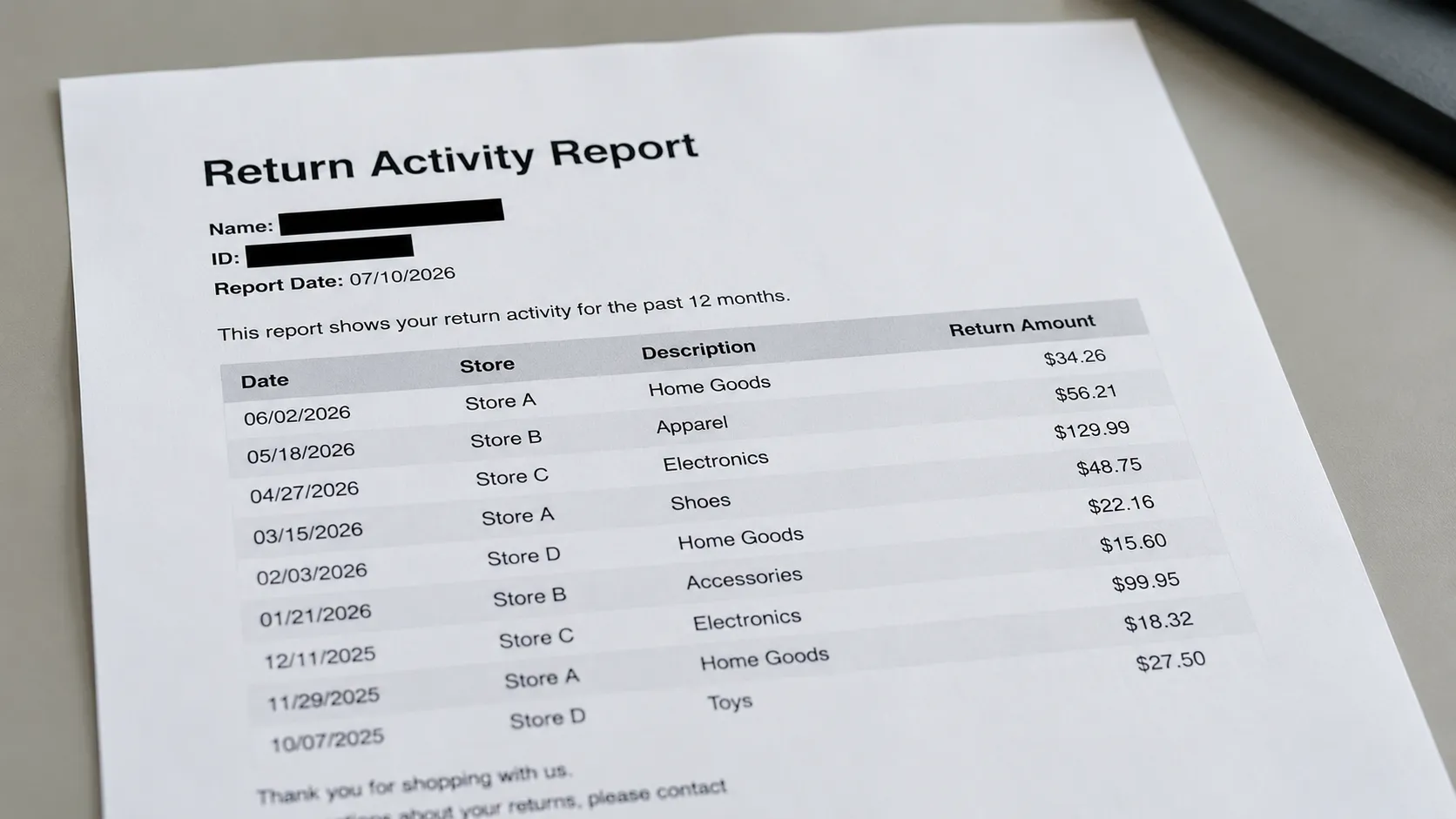 Representative Return Activity Report with redacted personal details showing dated retail return history and amounts.