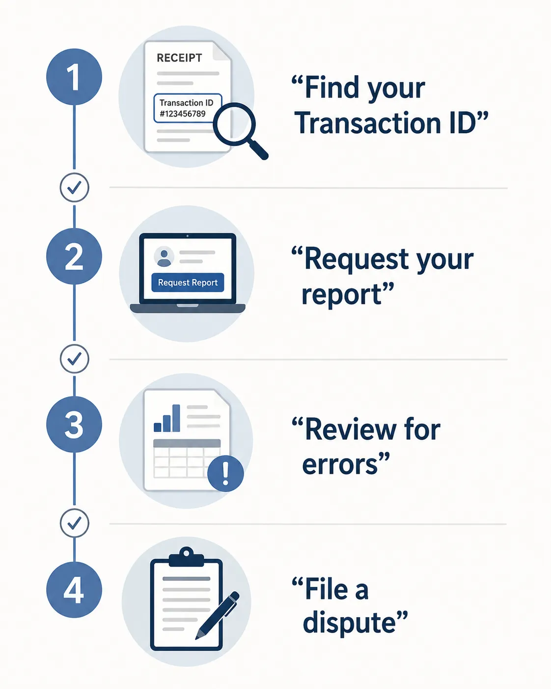Four-step infographic explaining how to request and dispute a Return Activity Report: find your Transaction ID, request your report, review it for errors, and file a dispute if needed.