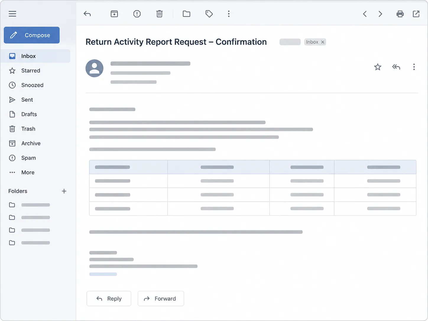 Representative screenshot illustration of a generic email confirming a Return Activity Report request, with a redacted transaction table and placeholder details in an unbranded email interface