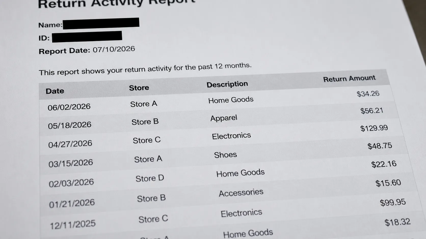 Close-up of a redacted Return Activity Report transaction table showing return dates, stores, and refund amounts.