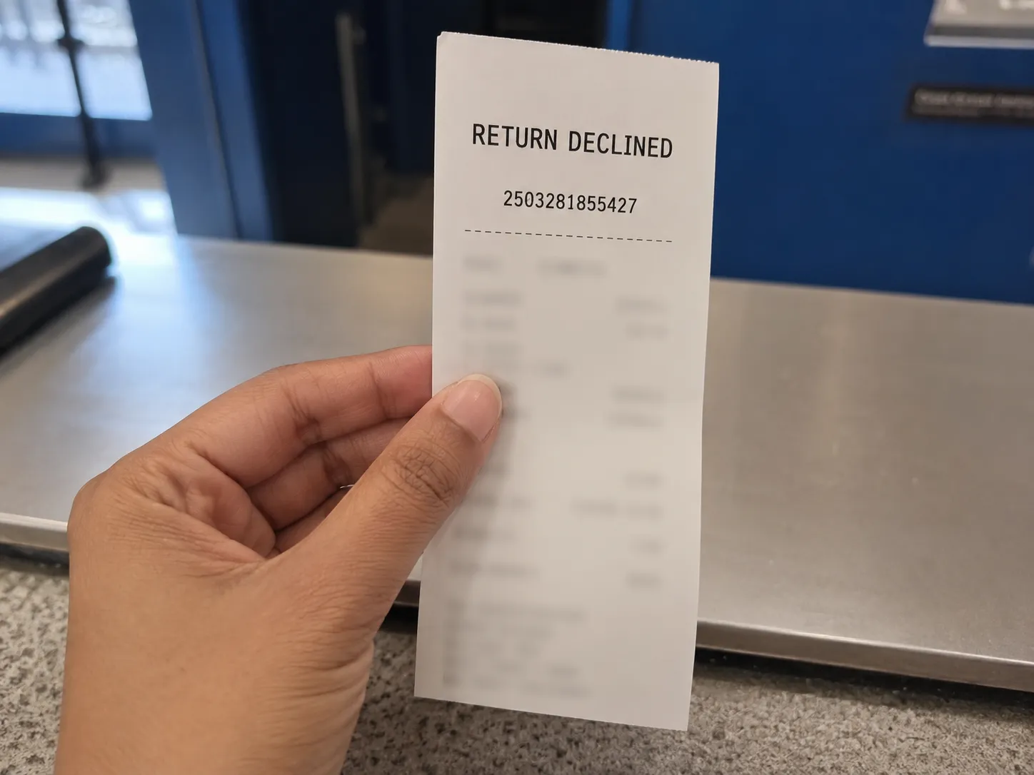 Hand holding a thermal receipt showing “RETURN DECLINED” and a transaction ID at a retail service desk, with personal details intentionally blurred for privacy.