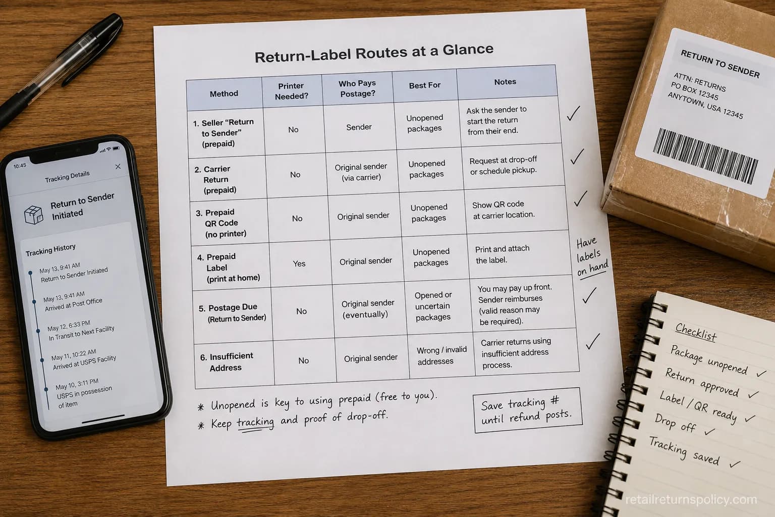 Comparison chart of return-label routes showing which need a printer and who pays.