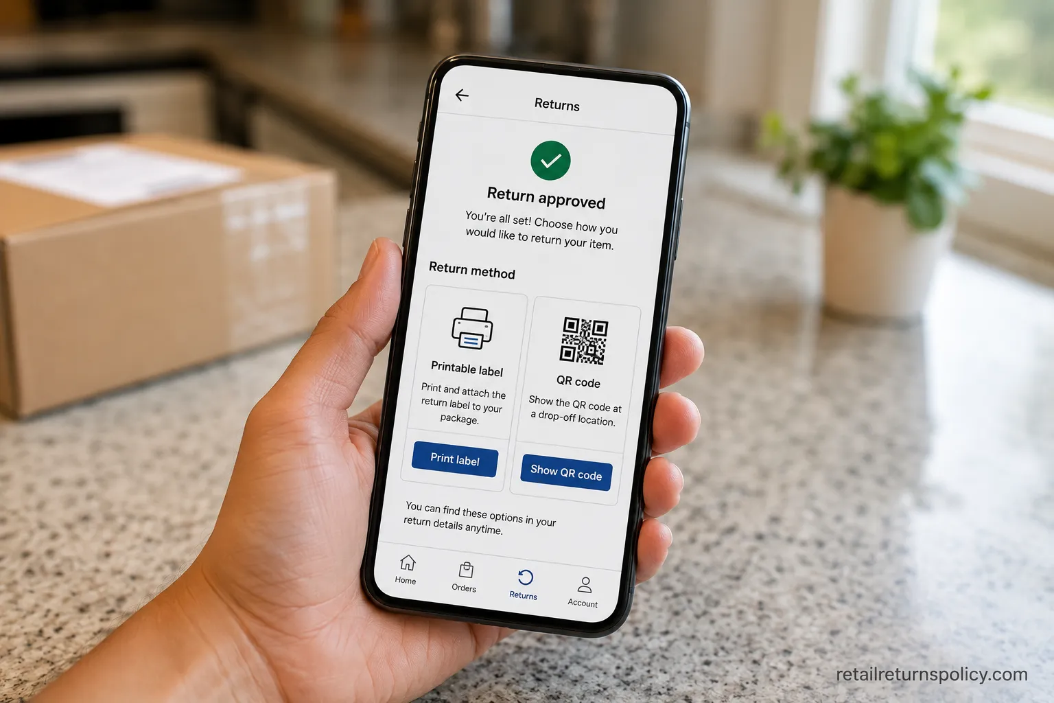 Retailer return screen offering a printable return label or a QR code option.