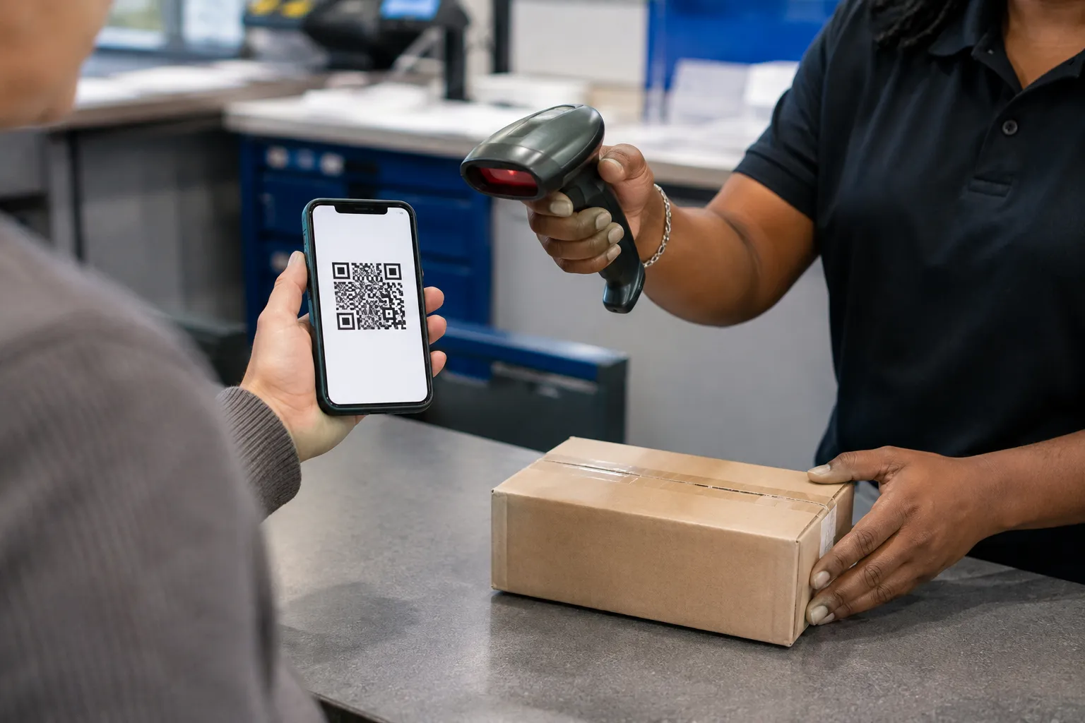 Store associate scanning a return-label QR code from a customer’s phone at a counter.
