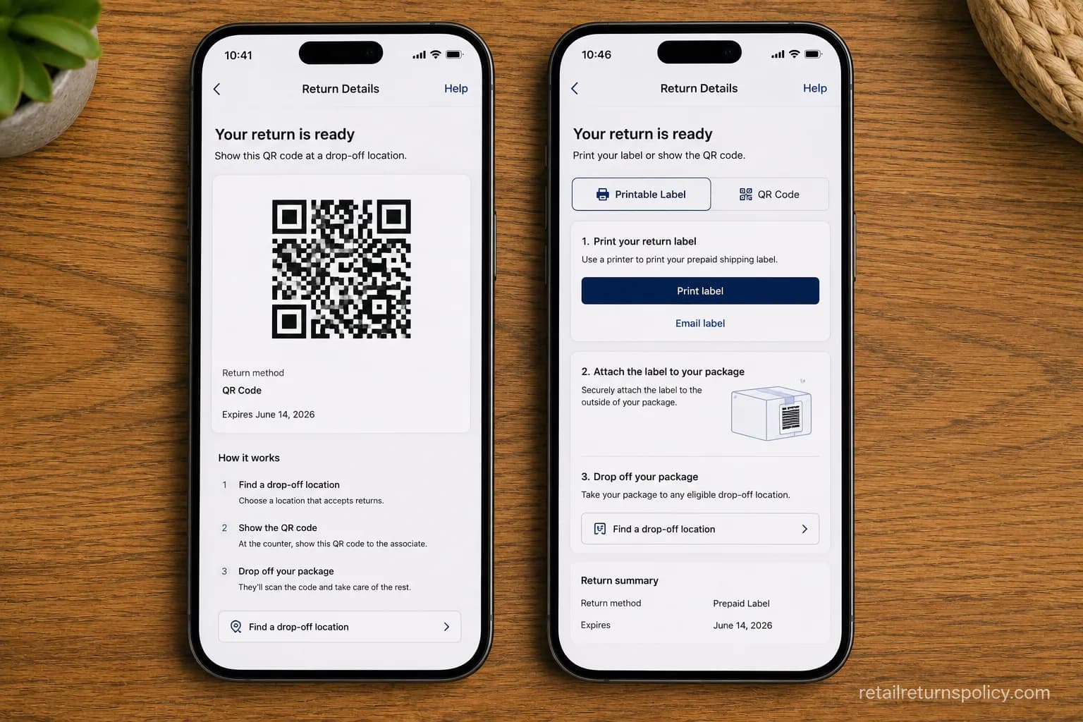 Two phone screens showing a QR-only return and the printable label option after switching methods.