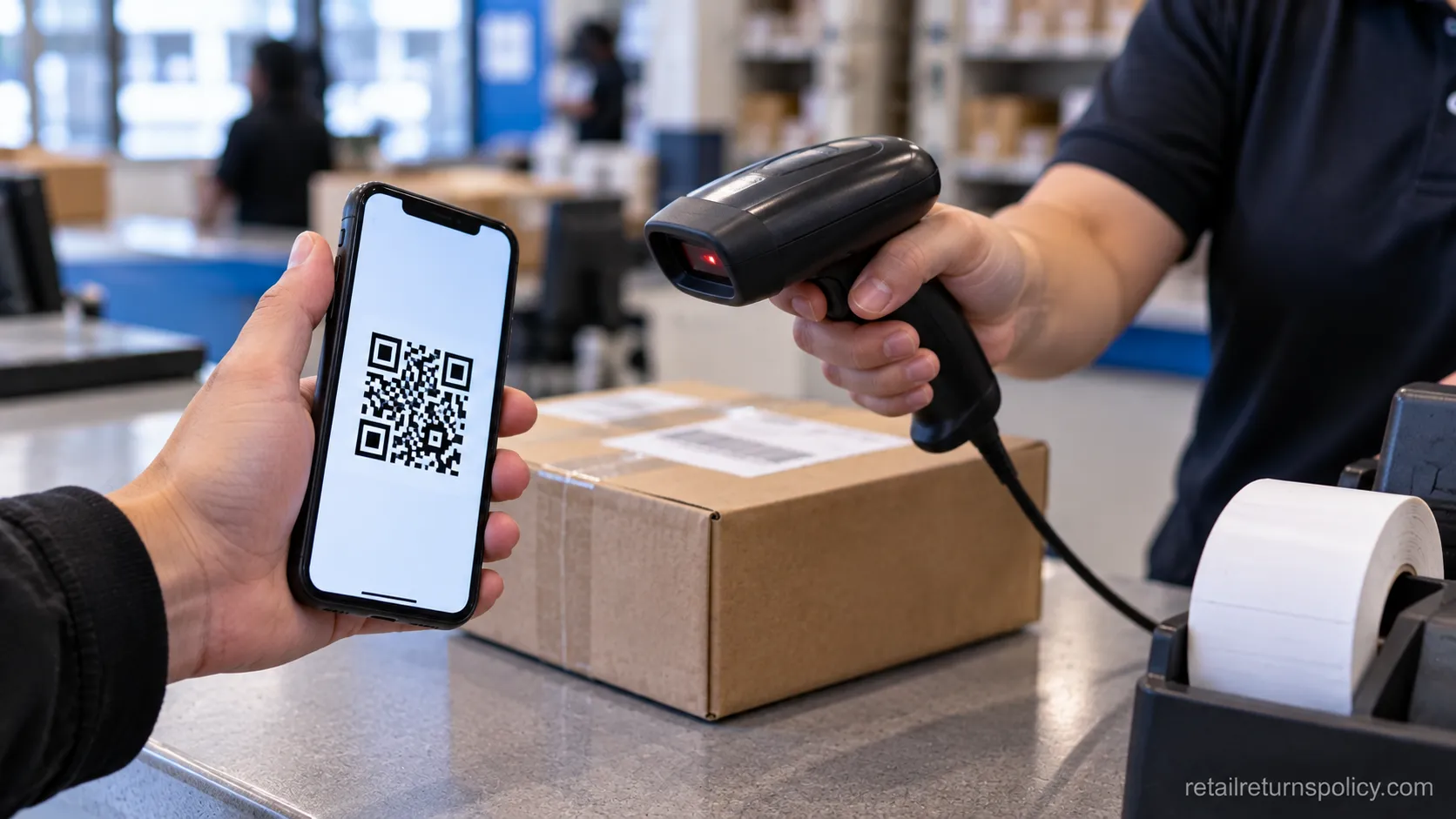 A phone showing a QR return code being scanned at a drop-off counter