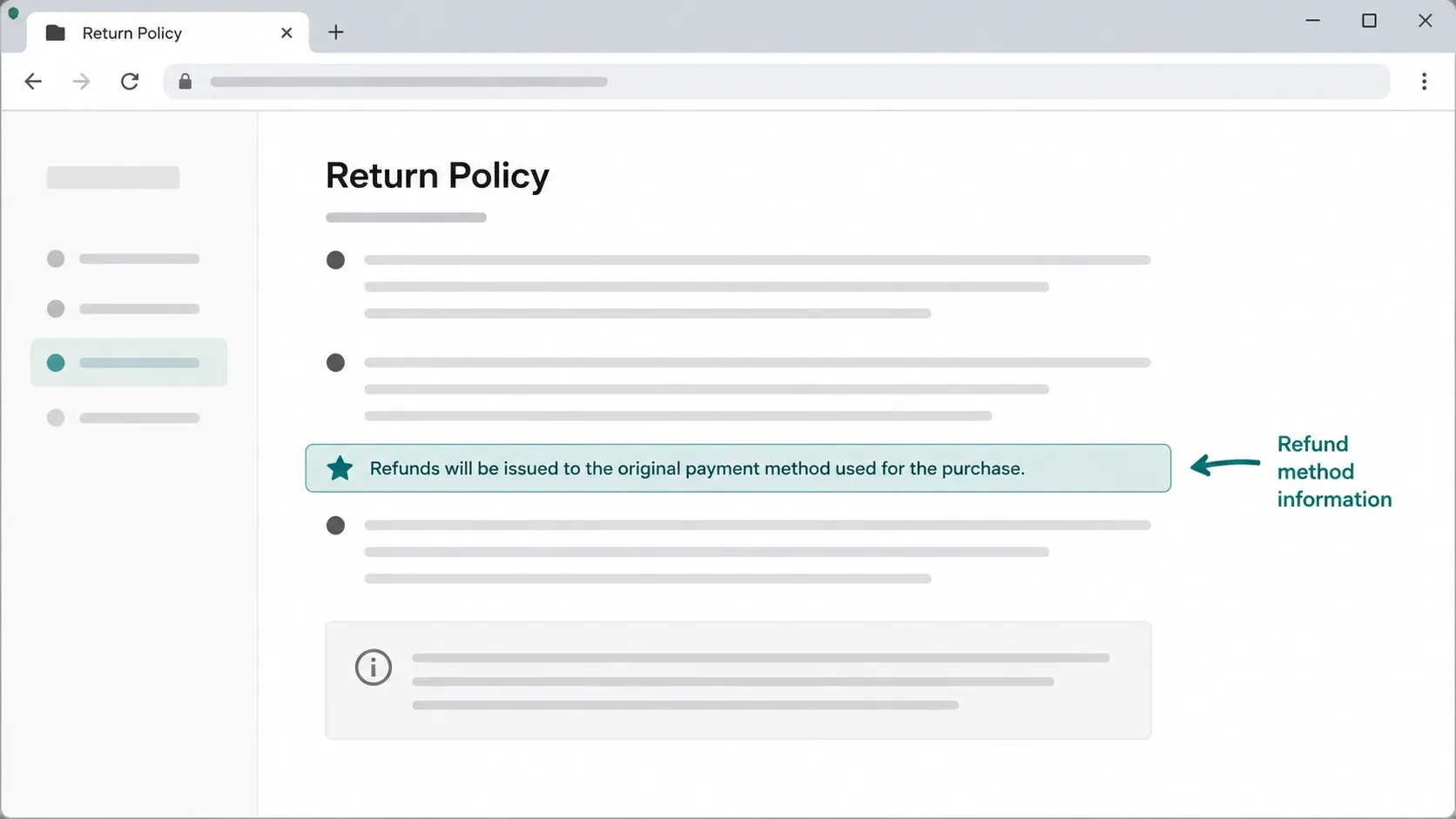 Illustration of a generic retailer return-policy webpage with the refund-method section highlighted by a teal callout arrow, showing where refund information typically appears on the policy page.