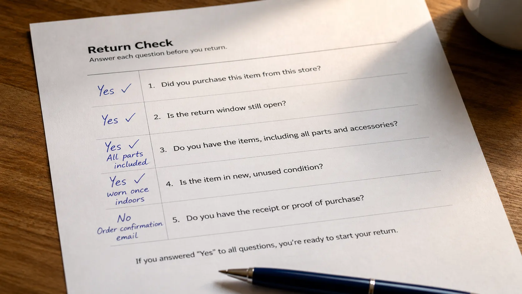 Printed return readiness checklist with handwritten answers and check marks on a wooden desk beside a pen.