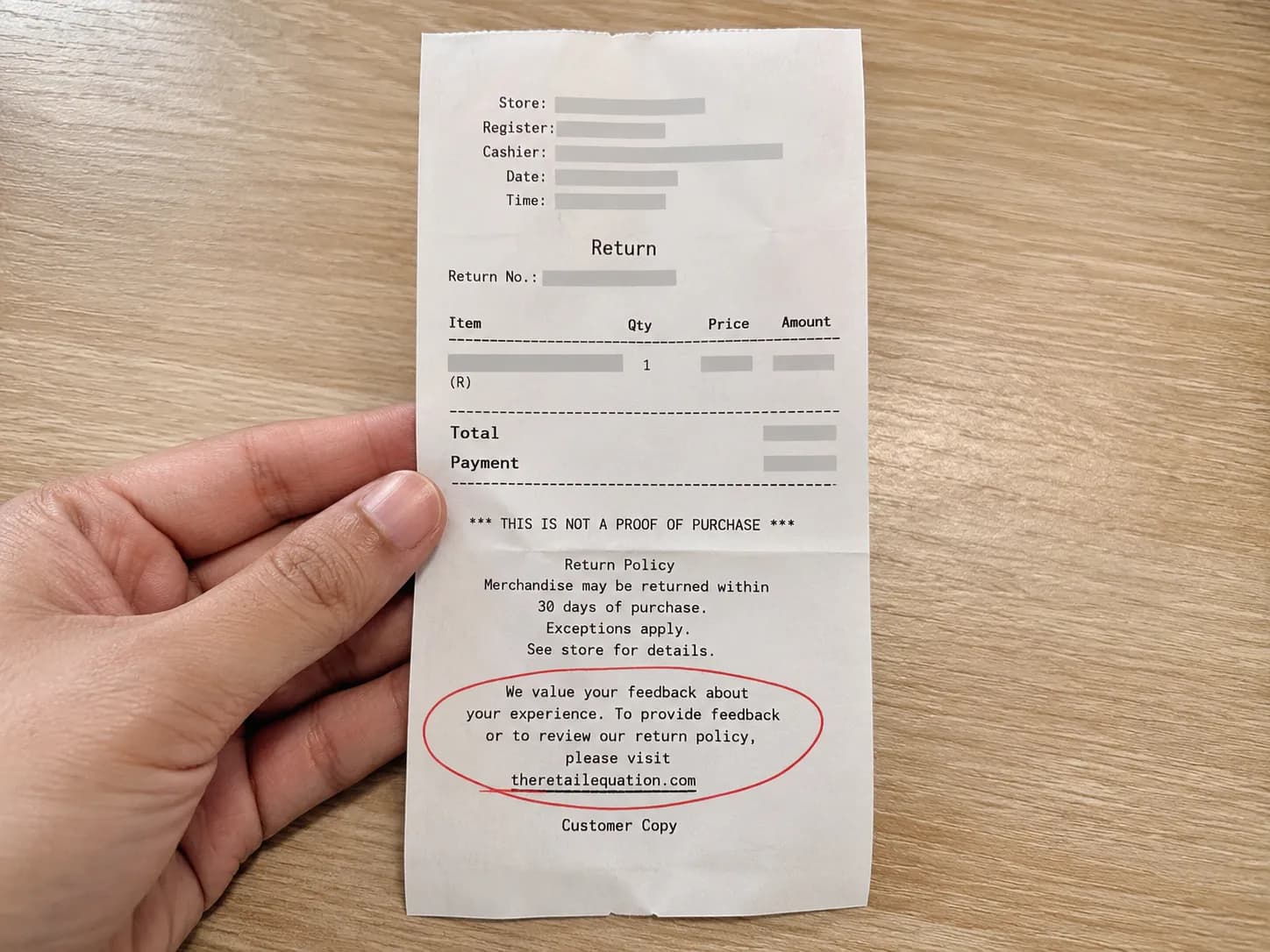 Representative illustration of a redacted retail return receipt with a circled instruction line near the bottom, placed on a light wood counter under soft natural light.