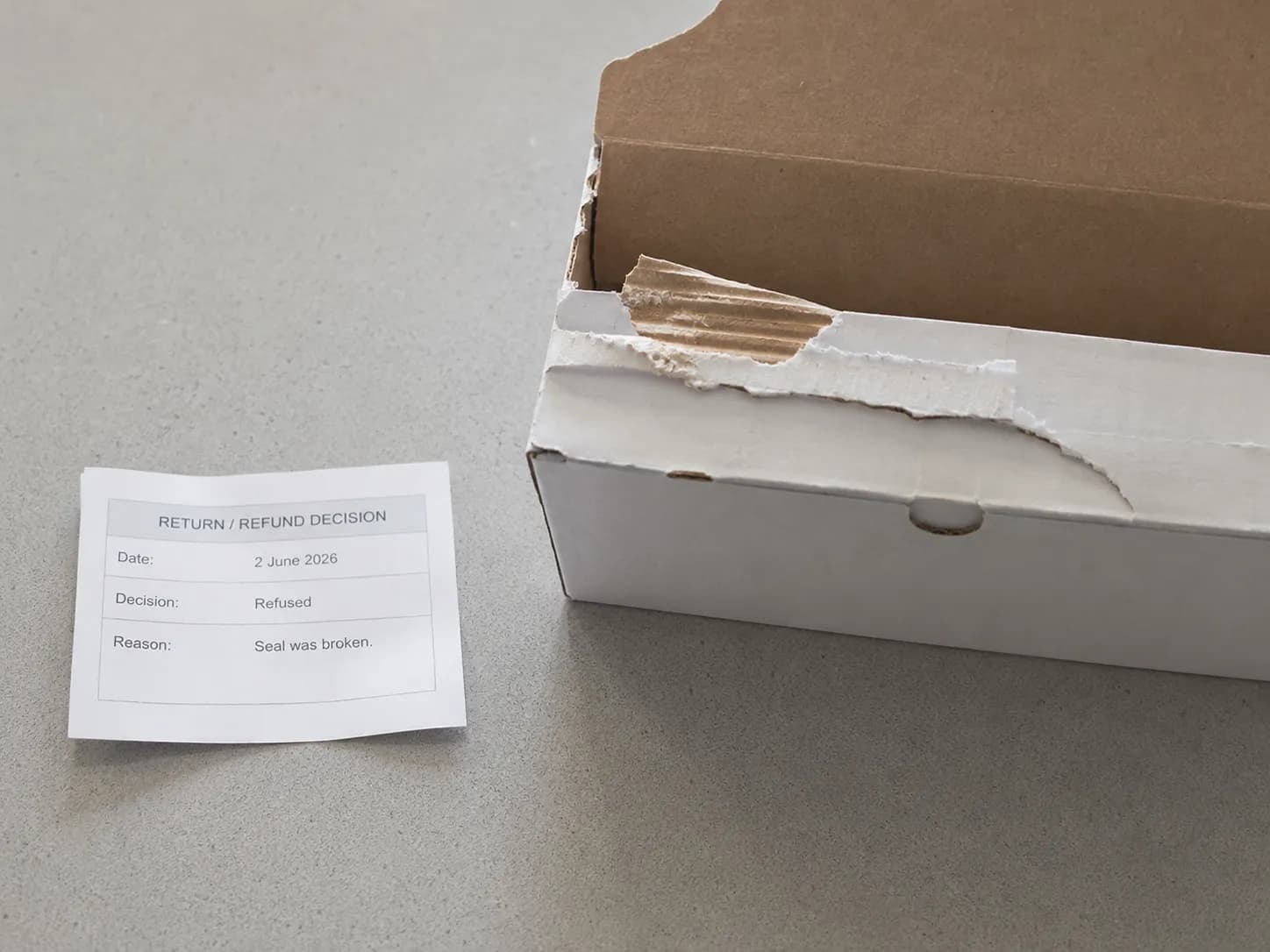 Overhead photo of a return refusal slip beside an opened cardboard package with a visibly broken seal on a light grey counter, illustrating a return rejected because the product seal was broken.