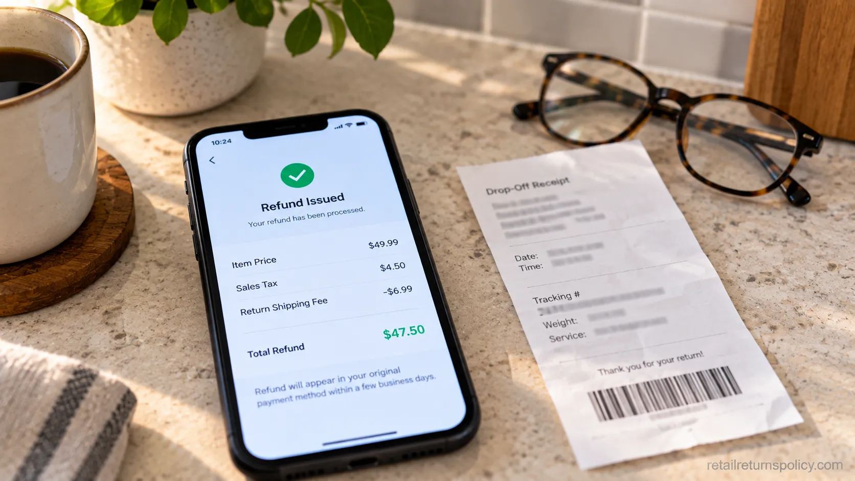 A phone showing a refund summary with a return-shipping fee deducted.