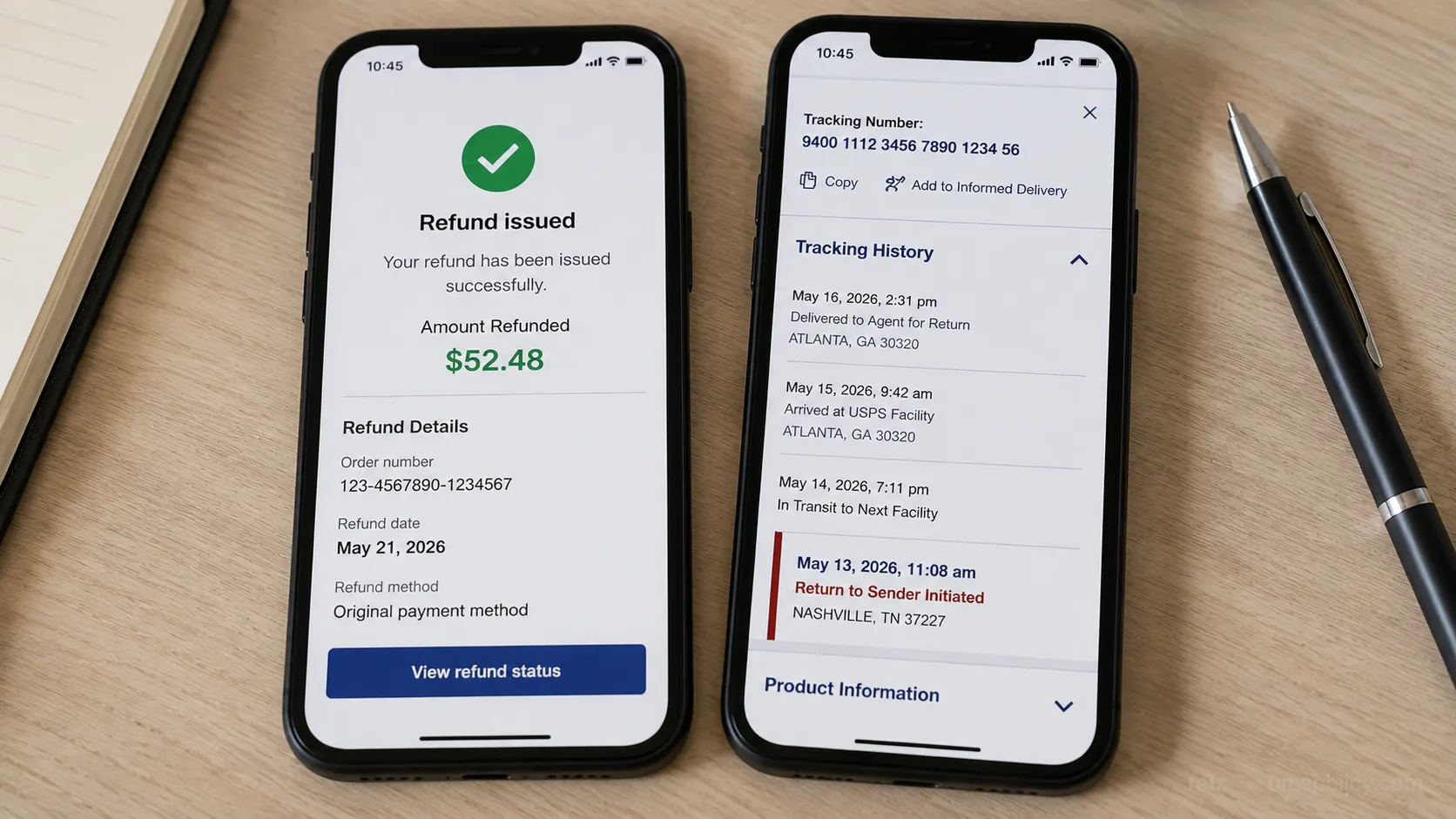 refund confirmation date next to a Return to Sender tracking scan showing the refund delay