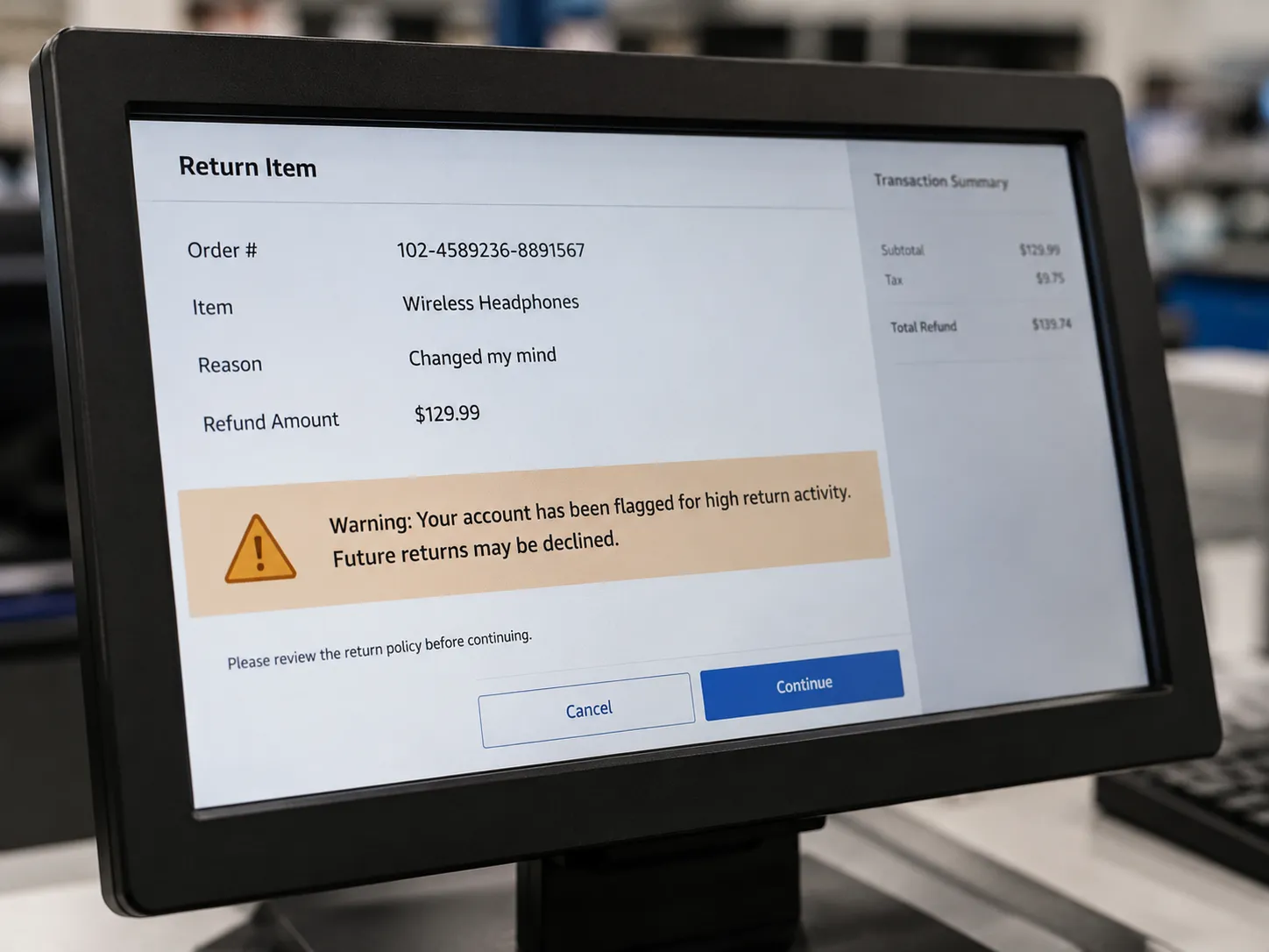 Representative illustration of a retail point-of-sale screen displaying a warning that future returns may be declined, with an amber caution banner and a softly blurred service-counter background.