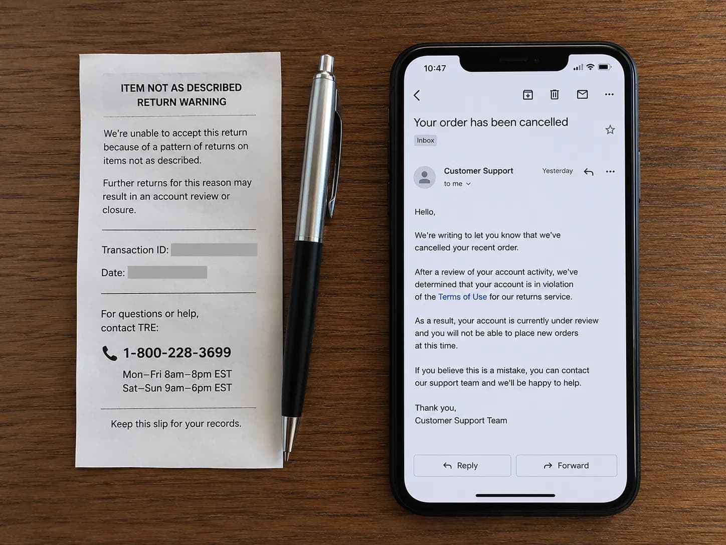 Representative illustration of a return warning slip beside a smartphone displaying a cancelled-order email, with a printed support phone number visible on the slip and personal details redacted.