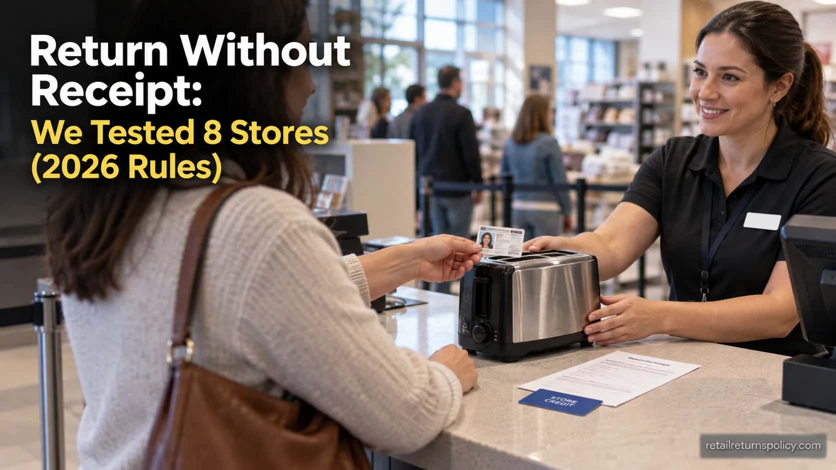 shopper returning an item without a receipt at a store customer service counter, handing over photo ID.