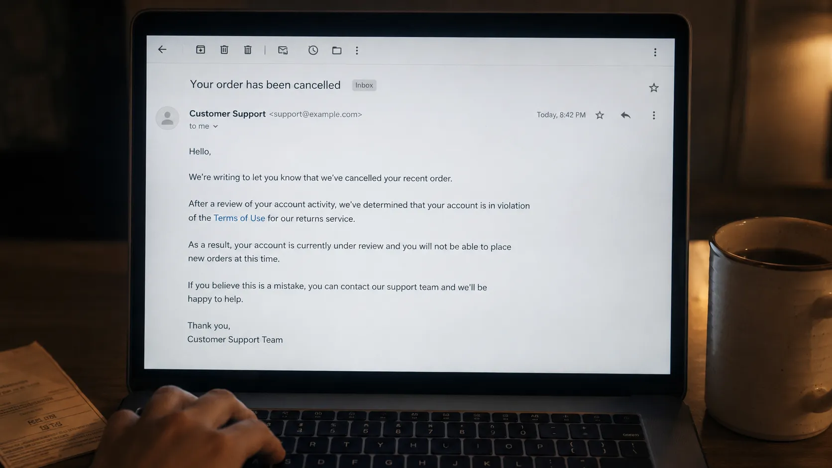 Representative illustration of a laptop displaying a cancellation email stating an account is under review for a returns policy issue, with personal details redacted in a dim home office setting.